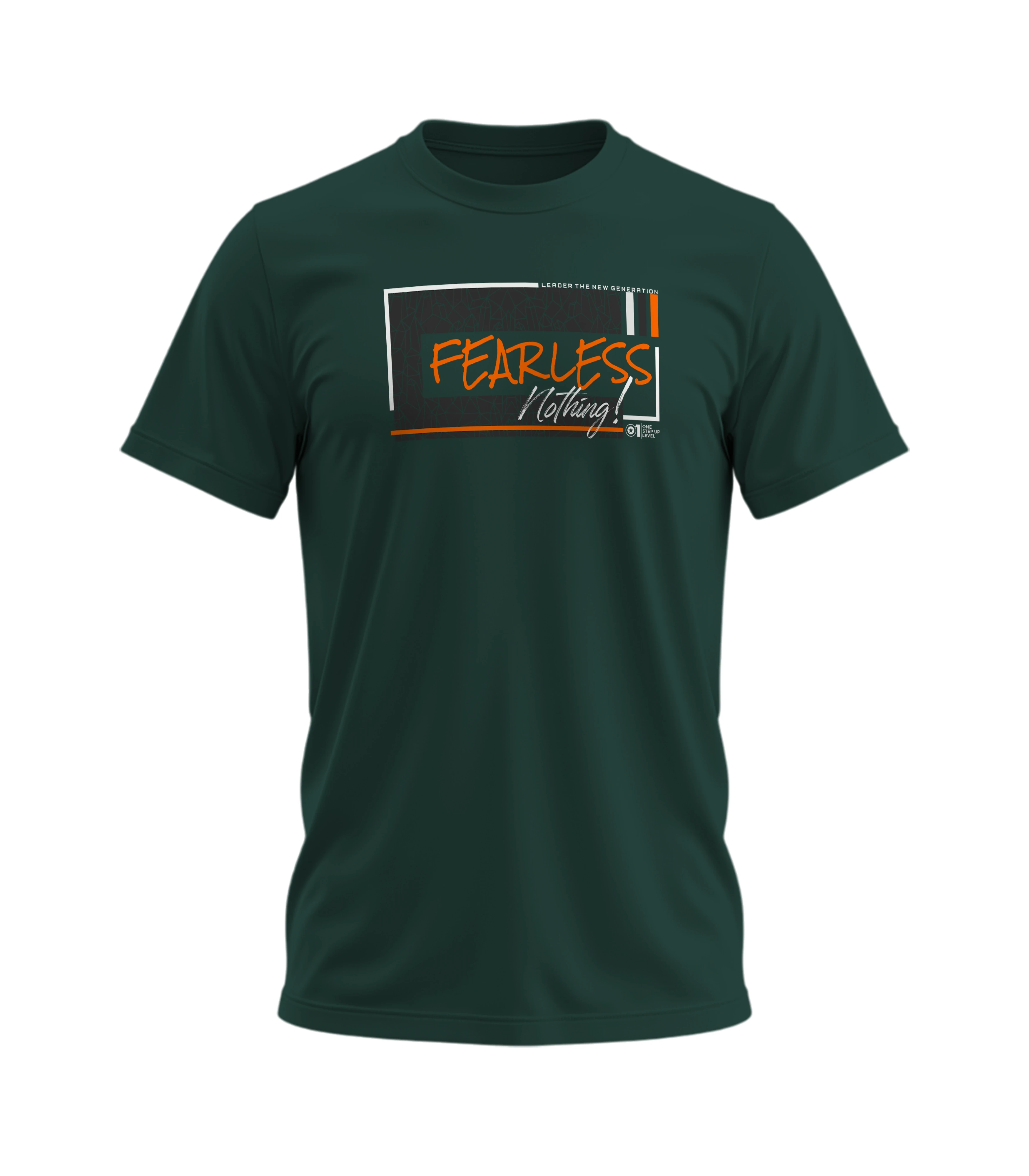 Green t-shirt with 'Fearless Clothing' text on a white background