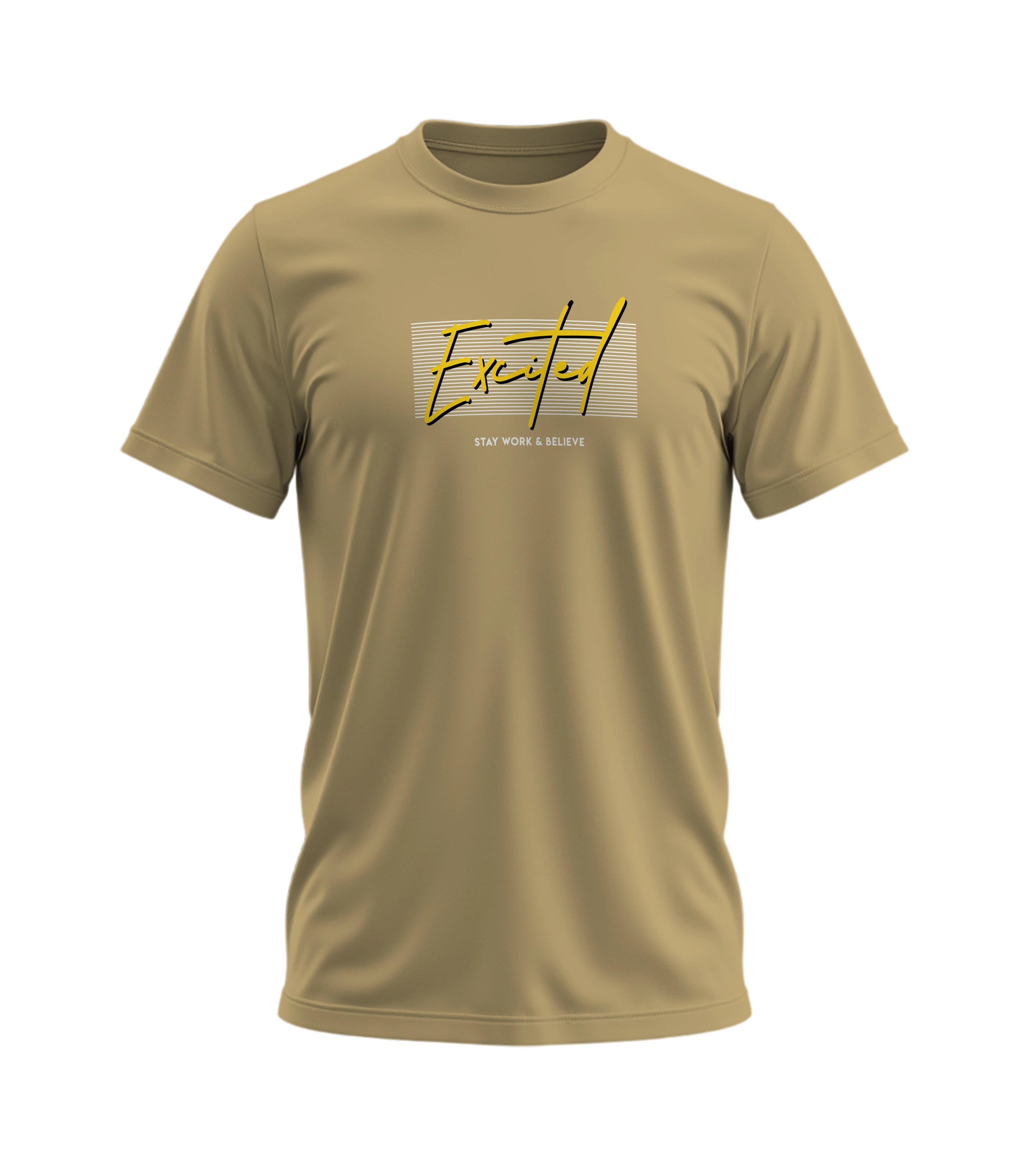 Beige t-shirt with yellow text on a white background