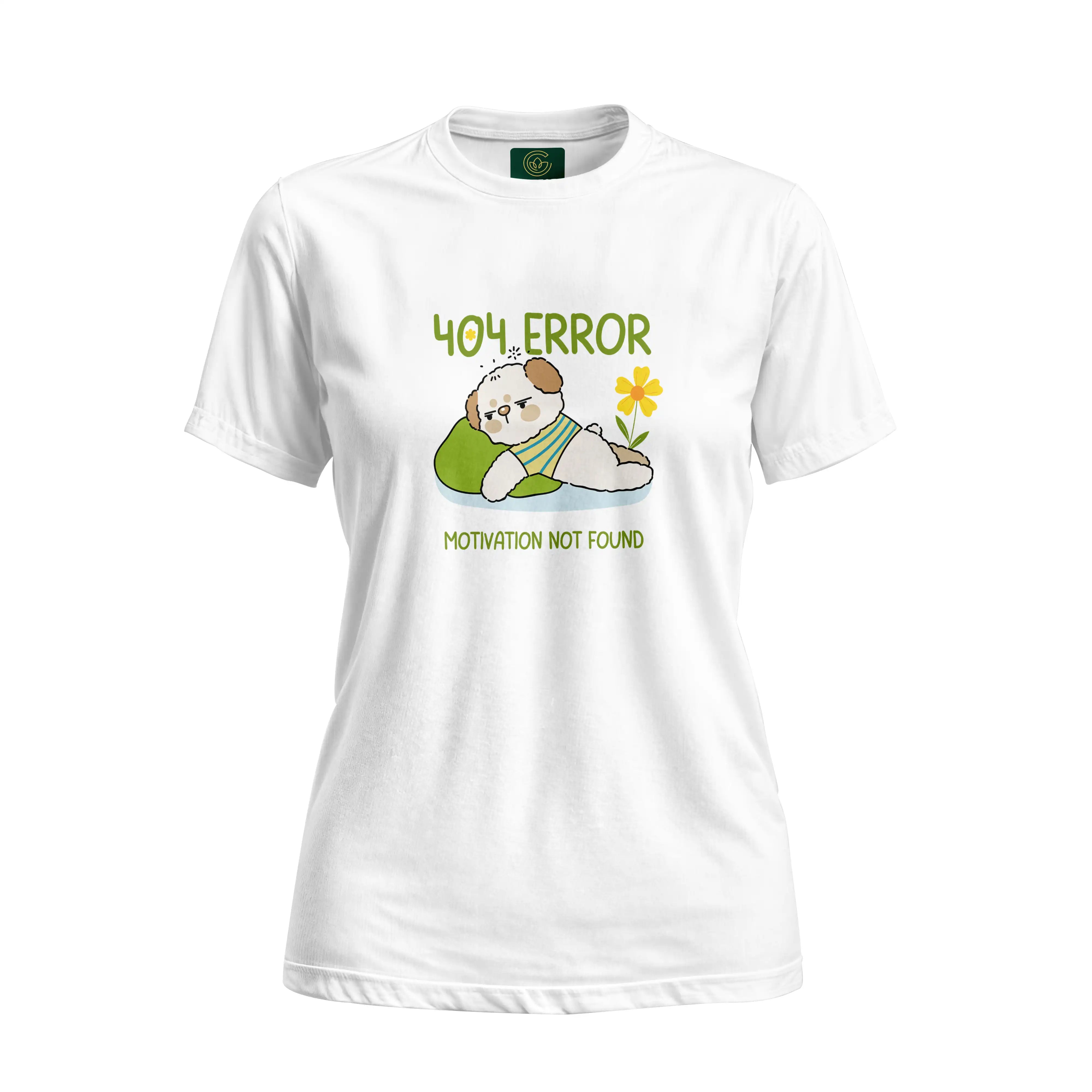 White t-shirt with a cartoon sloth and text on a white background