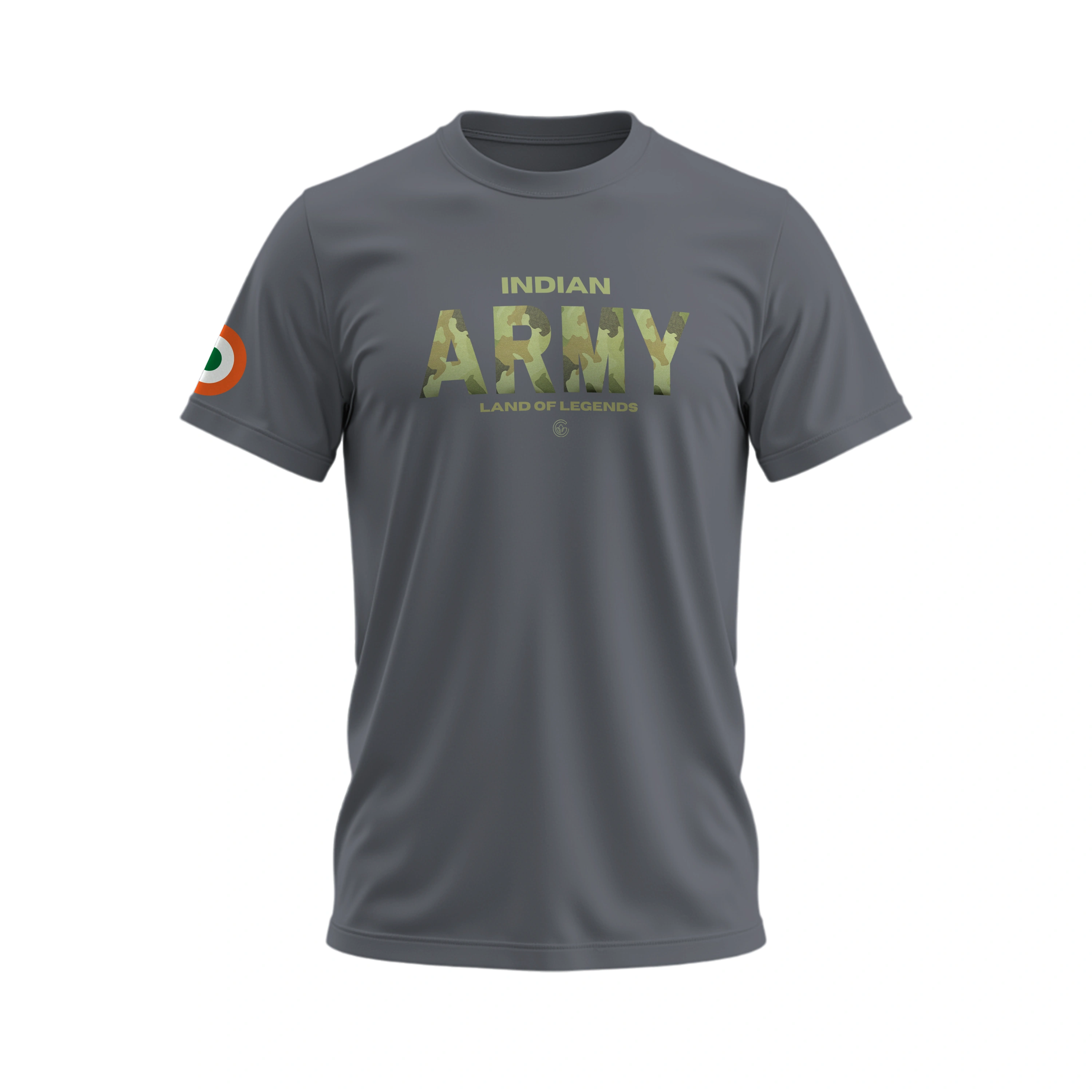 Gray t-shirt with 'Indian Army' text and design on a white background
