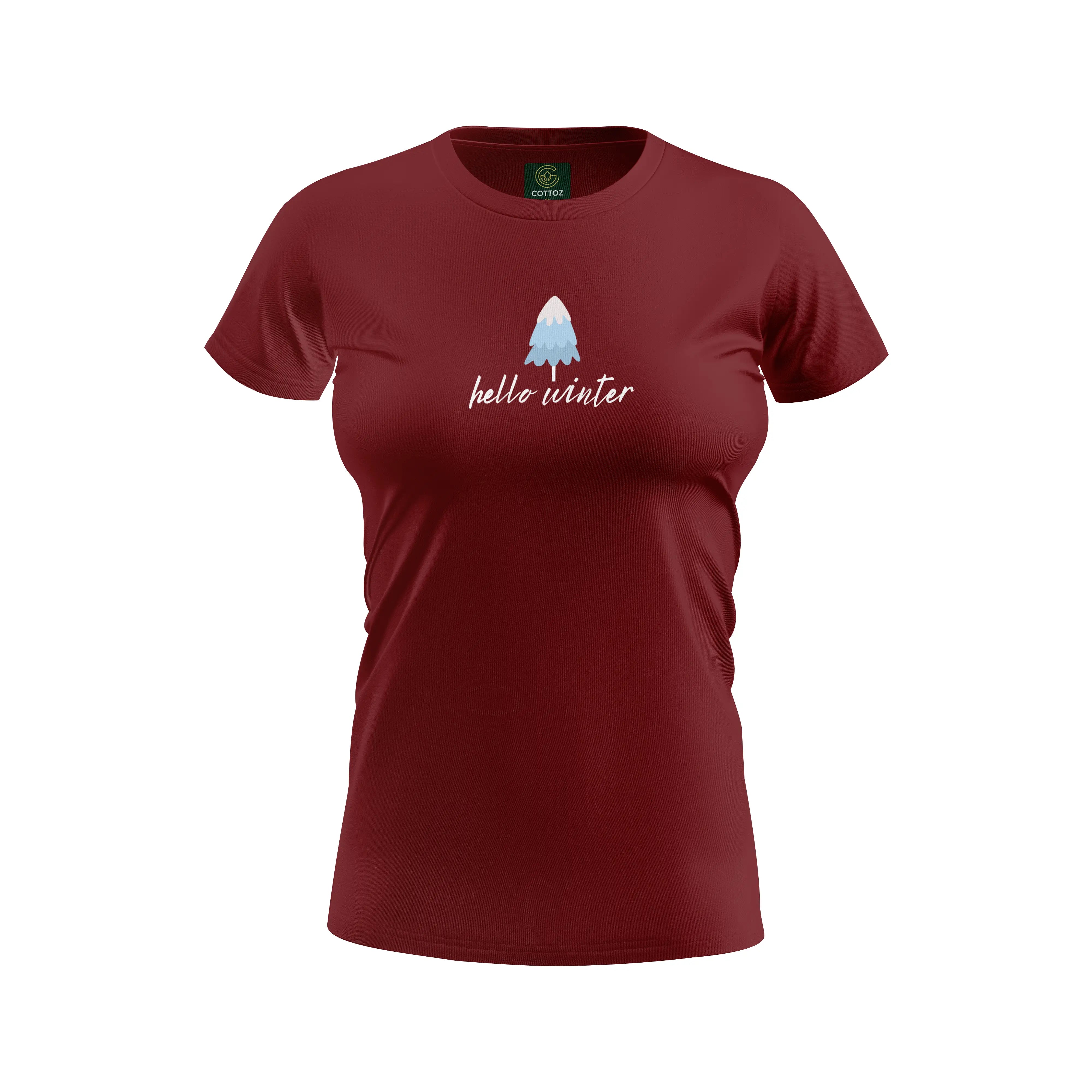 Maroon t-shirt with 'hello winter' text and tree graphic on a white background