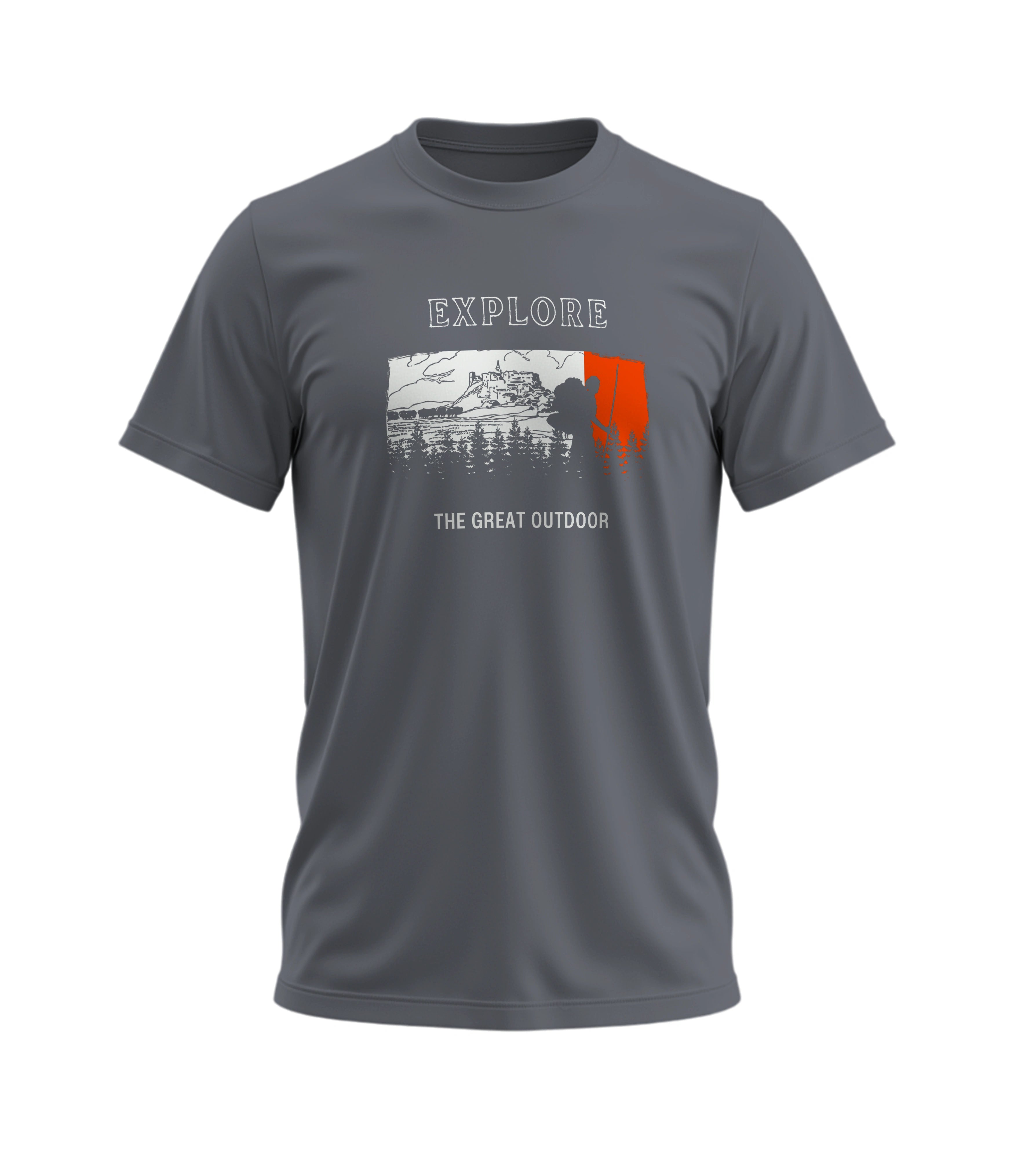 Gray t-shirt with outdoor graphic and text on a white background