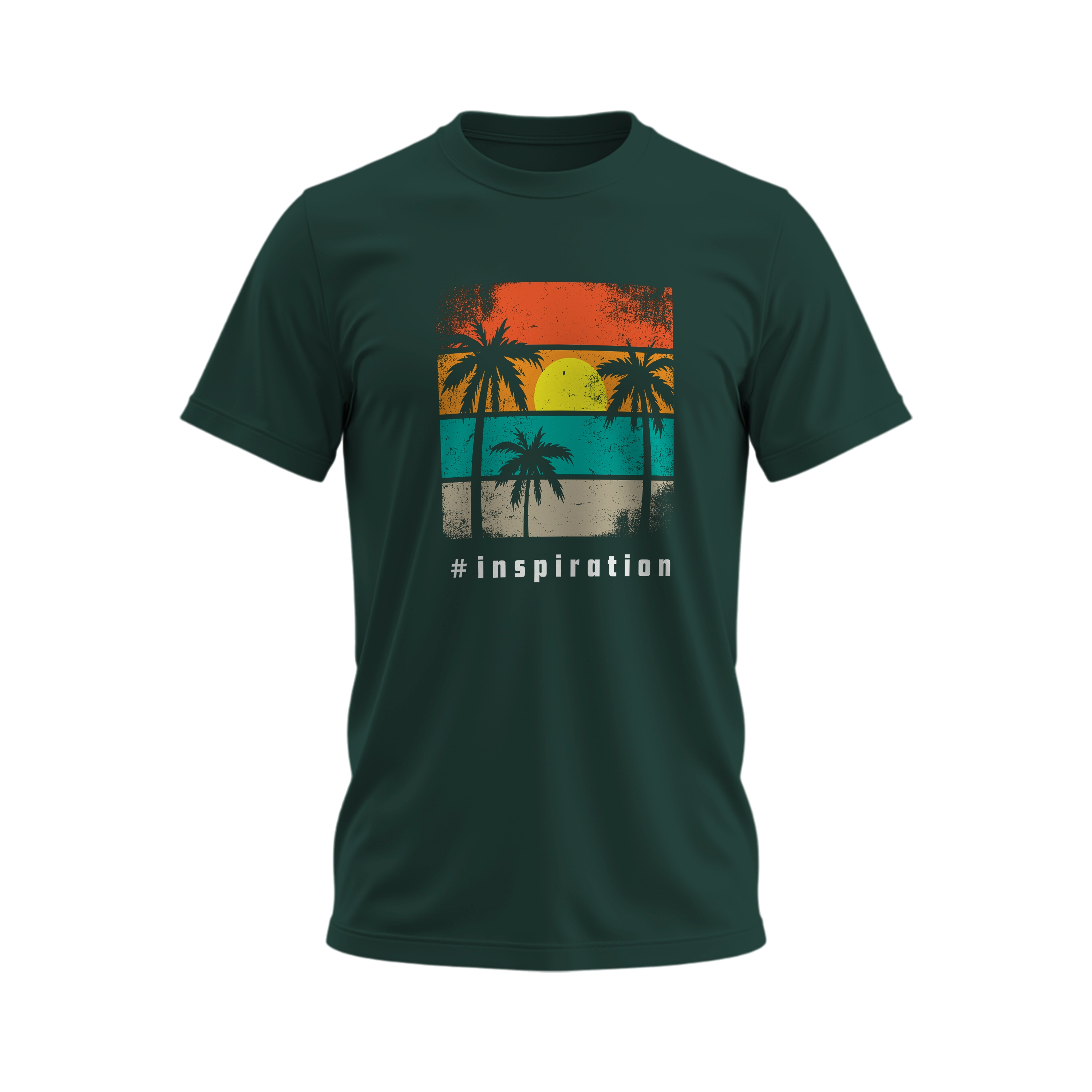 Green t-shirt with a tropical design and '#inspiration' text on a white background