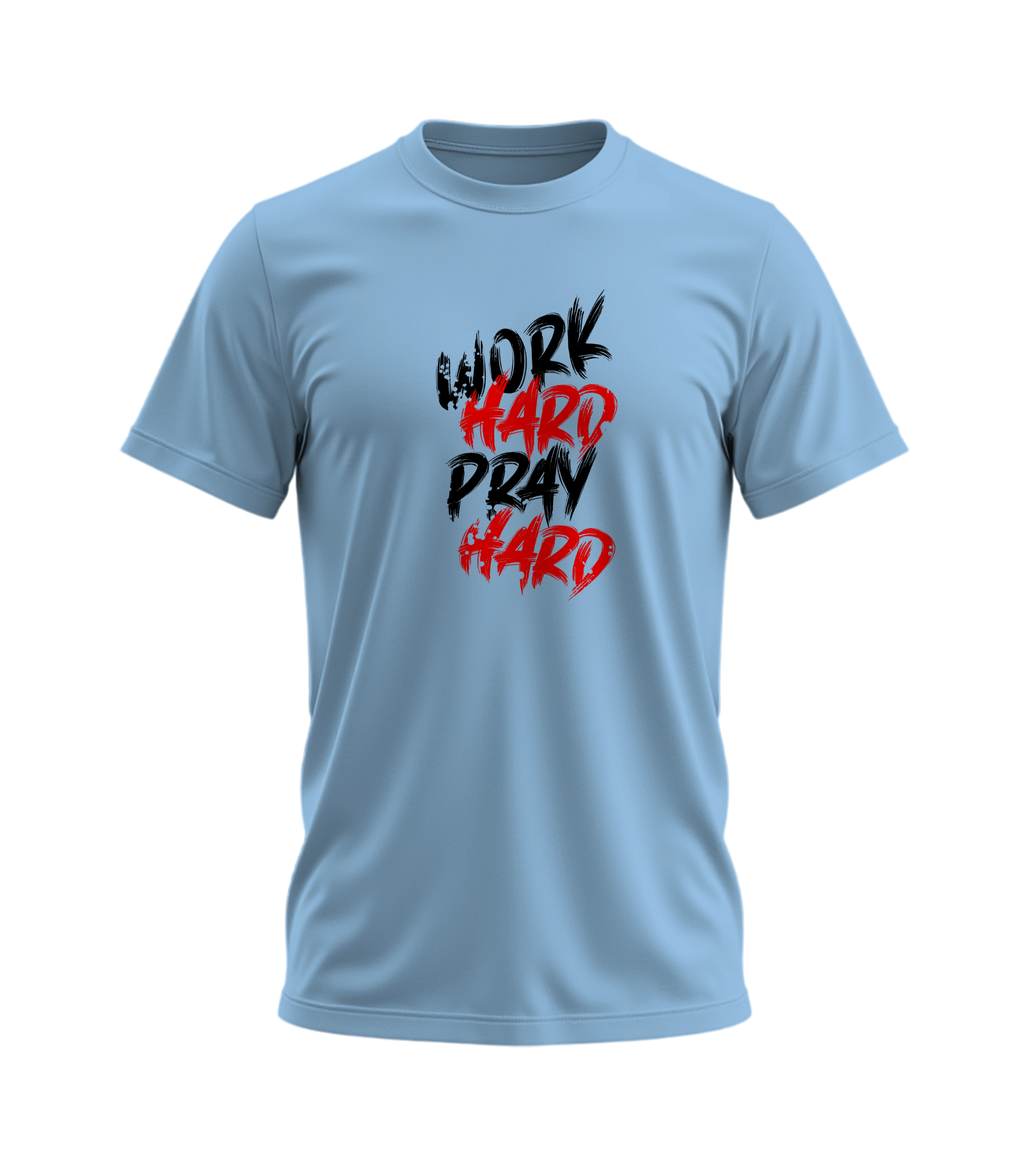 Light blue t-shirt with 'Work Hard Pray Hard' text in black and red on a white background