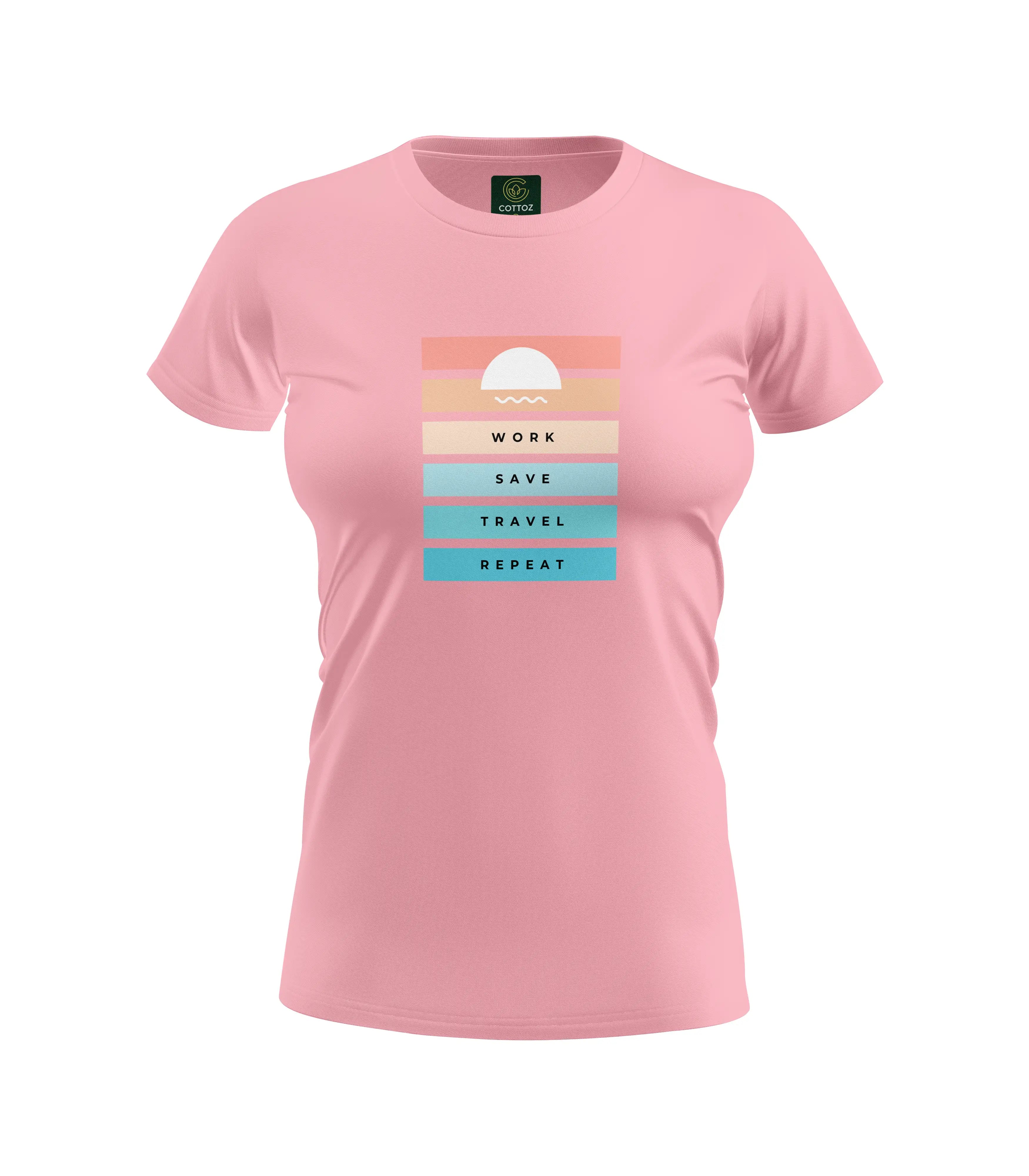 Pink t-shirt with a colorful graphic and text on a white background
