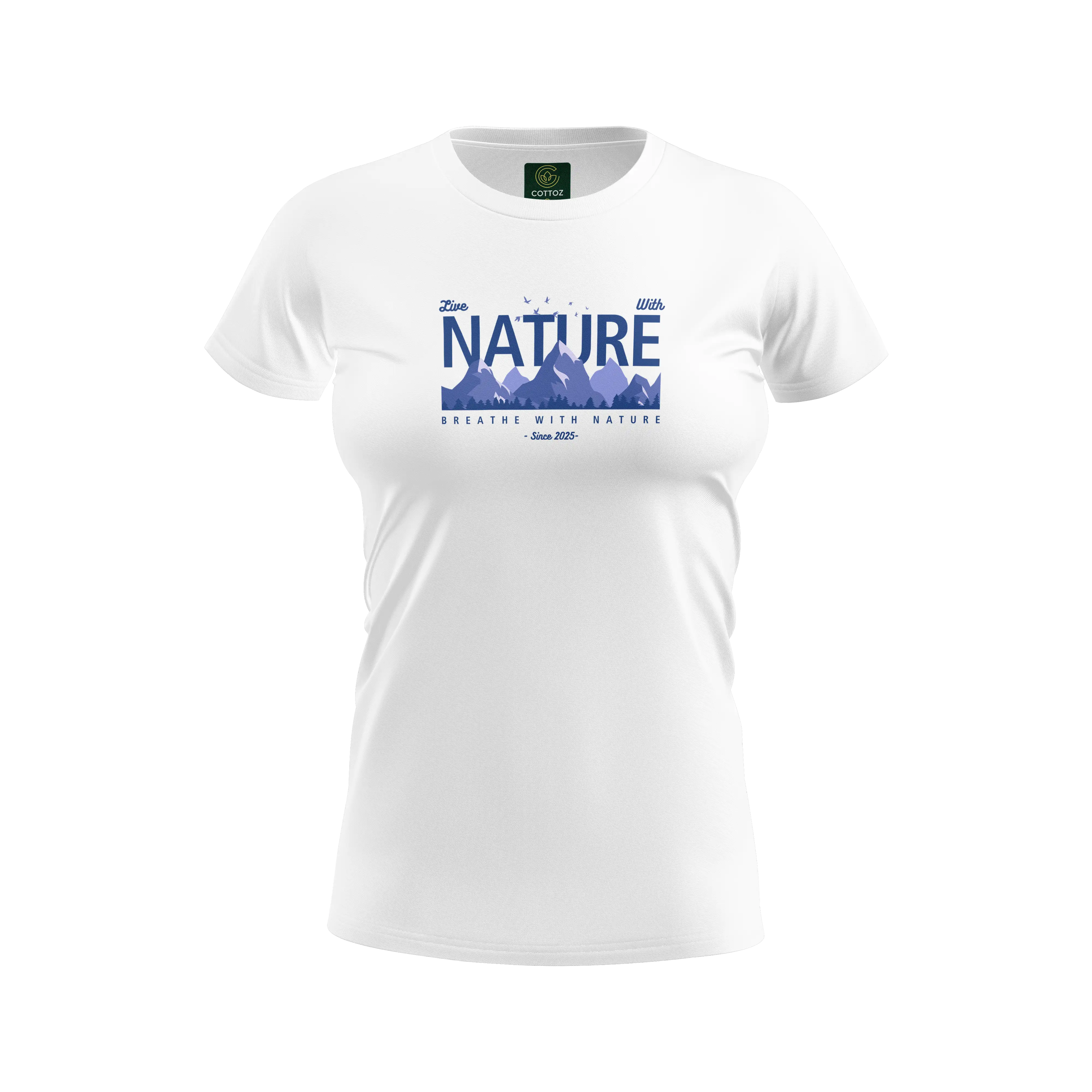 White t-shirt with blue graphic and text on a white background