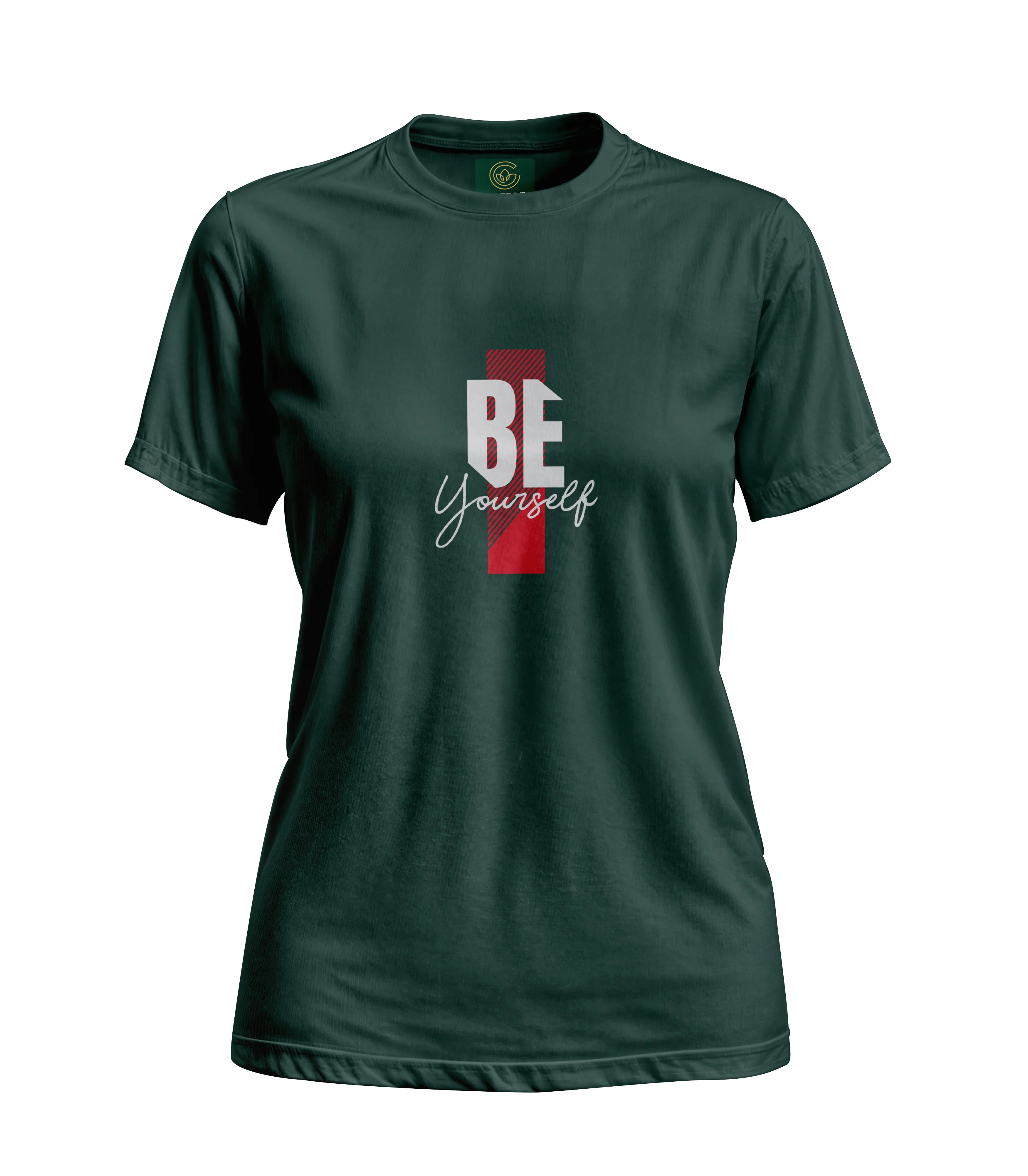 Green t-shirt with 'BE Yourself' text design on a white background