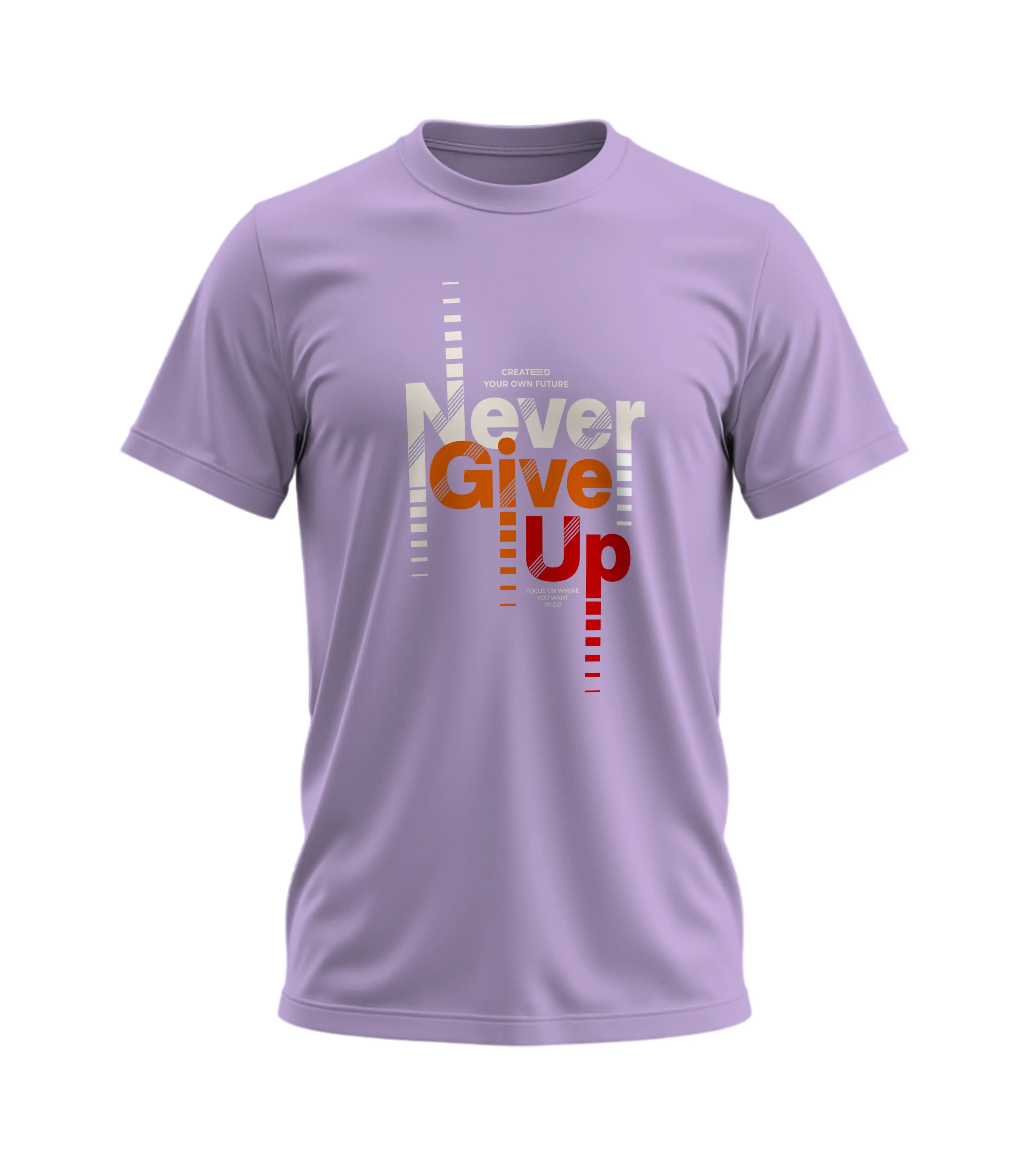 Purple t-shirt with 'Never Give Up' text design on a white background