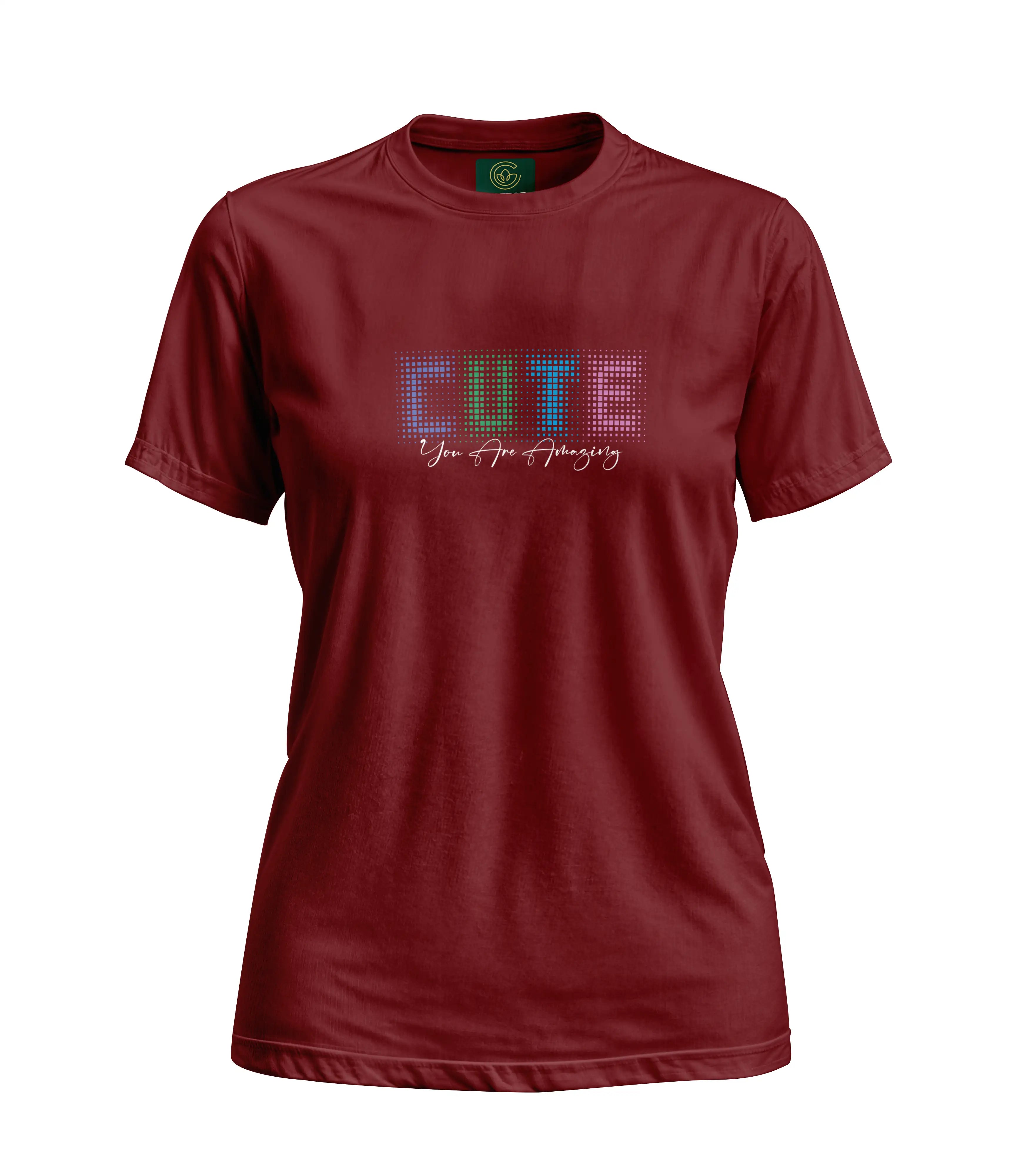 Maroon t-shirt with colorful 'CUTE' text on a white background