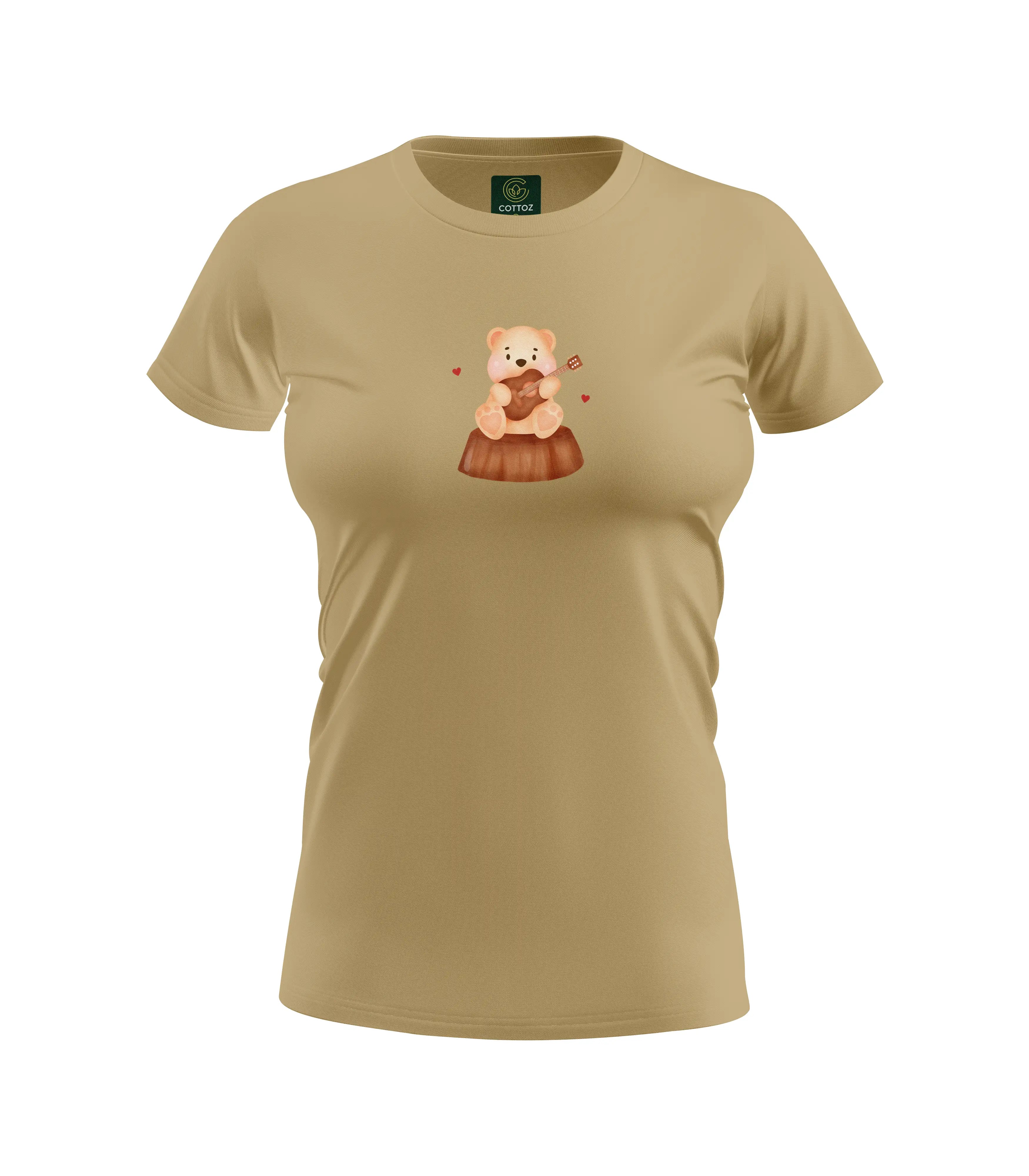 Beige t-shirt with a teddy bear playing a guitar graphic on a white background