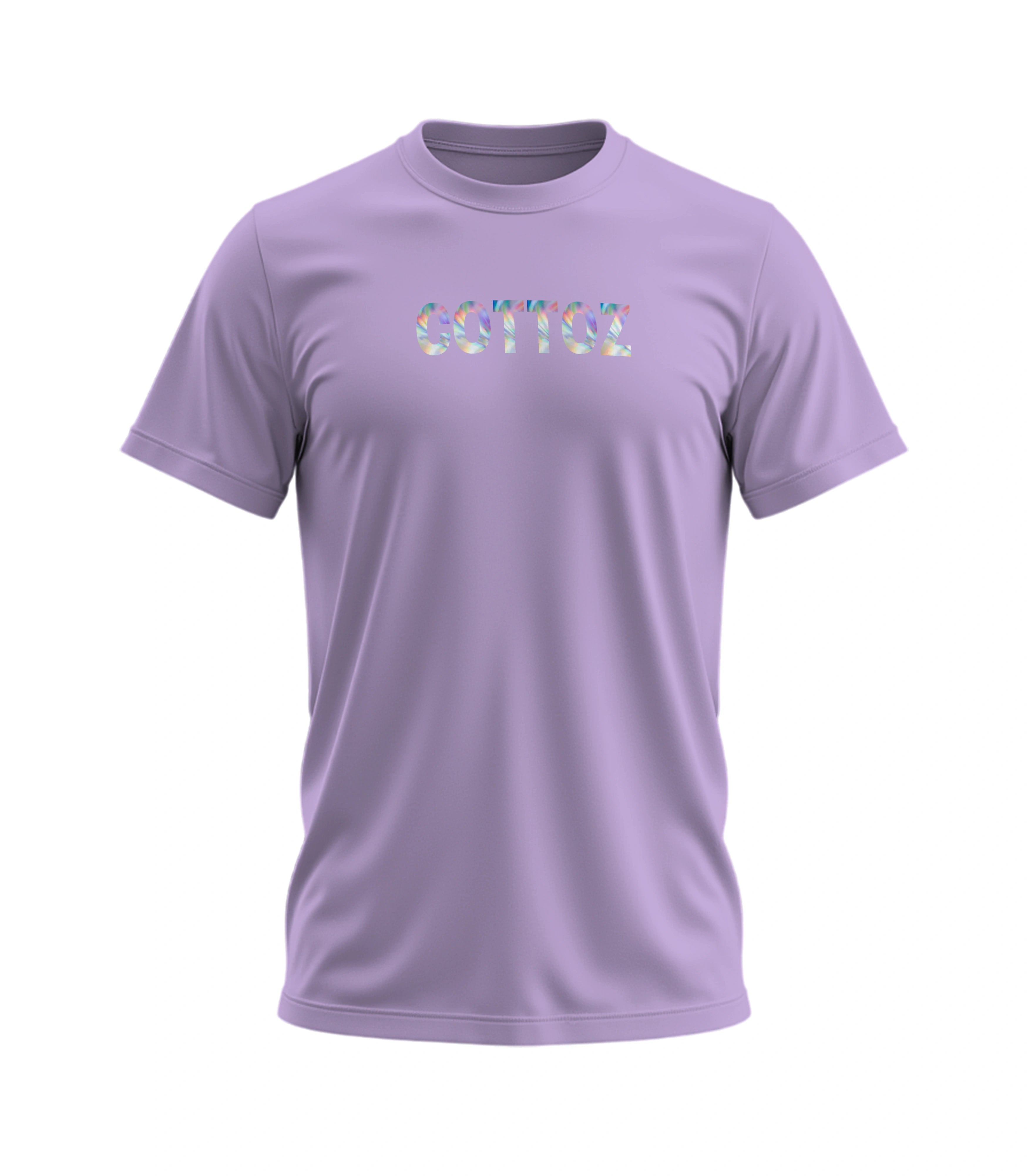 Purple t-shirt with colorful text on a white background