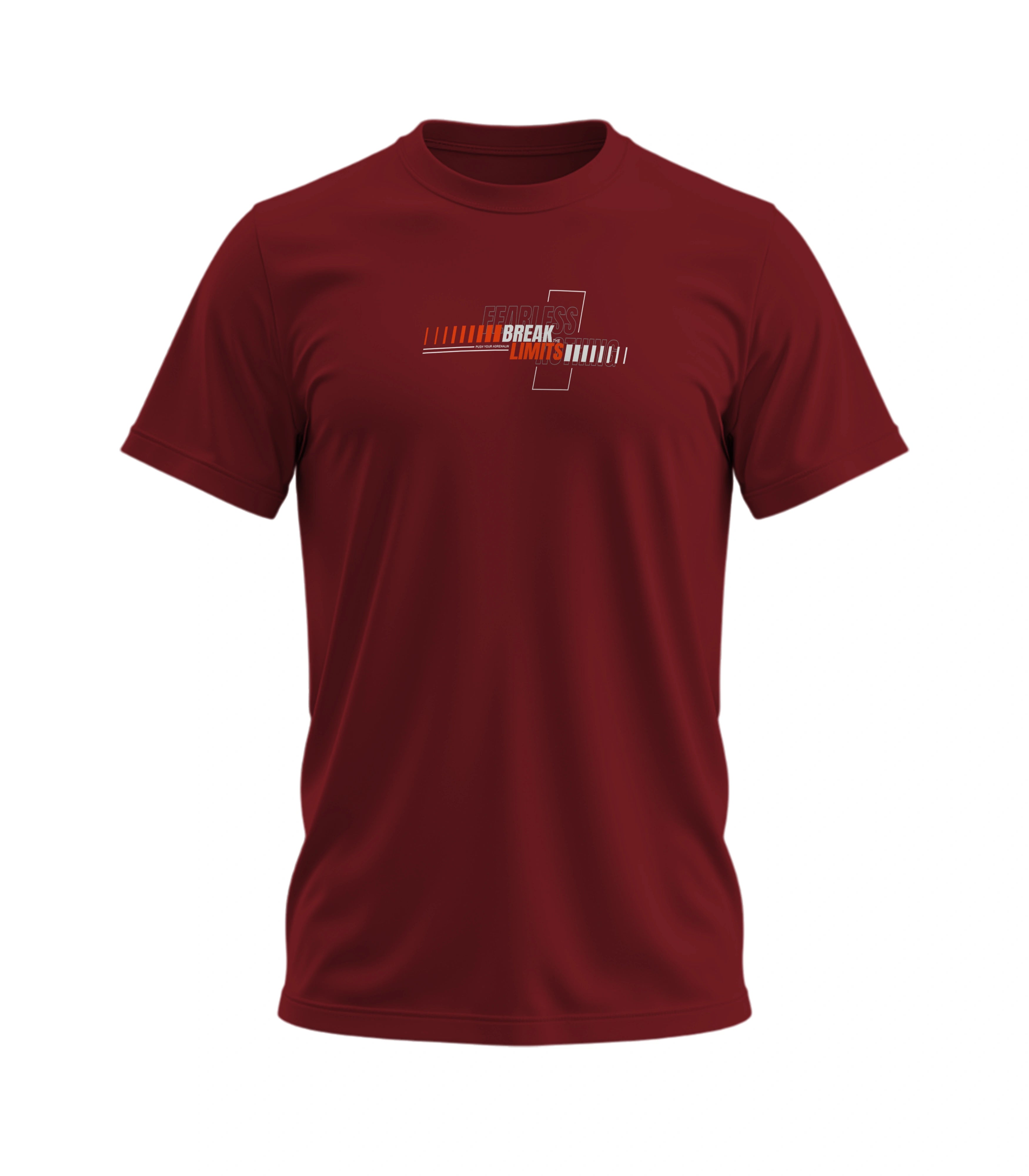 Maroon t-shirt with a logo on a white background