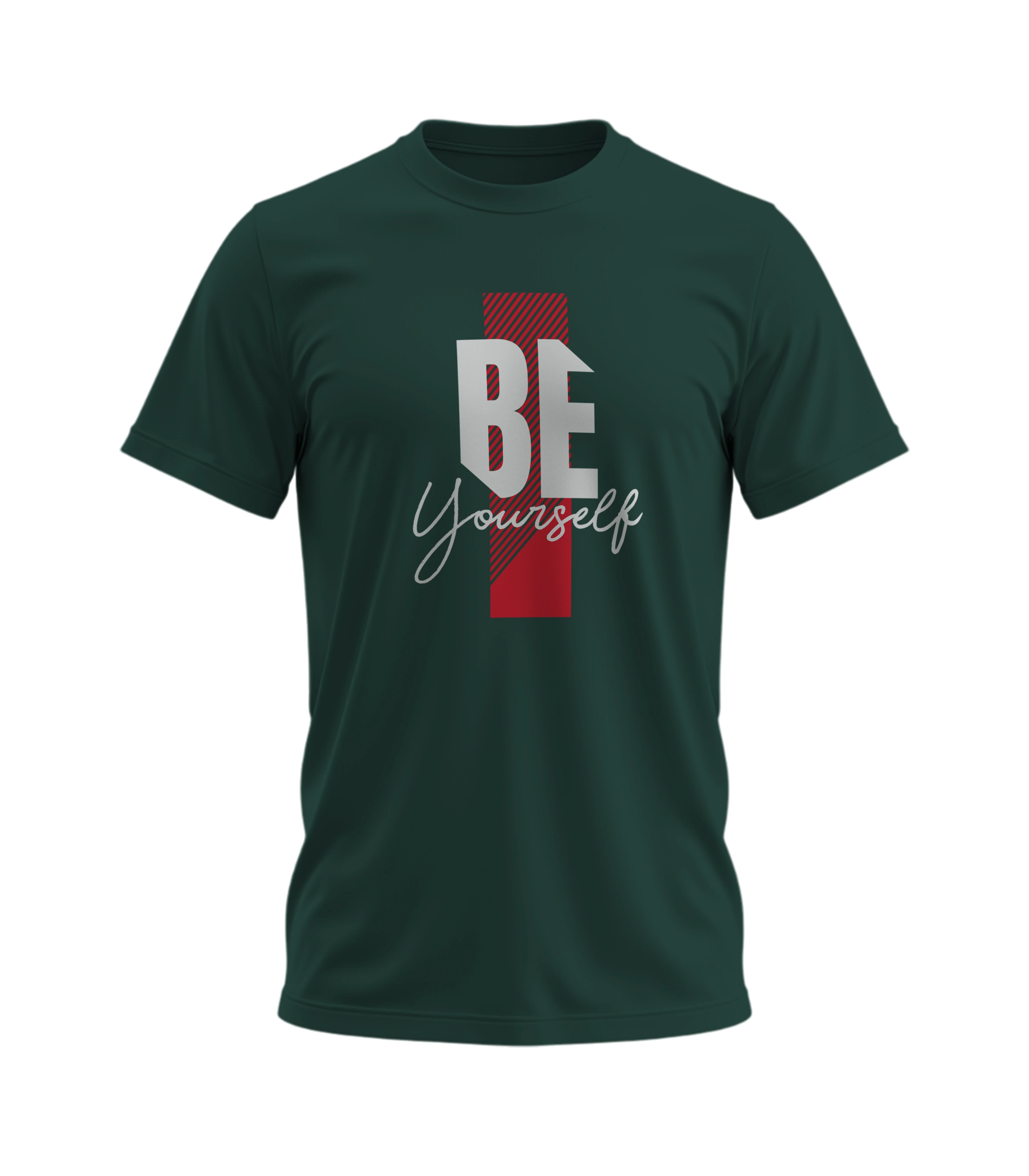 Green t-shirt with 'BE Yourself' text design on a white background
