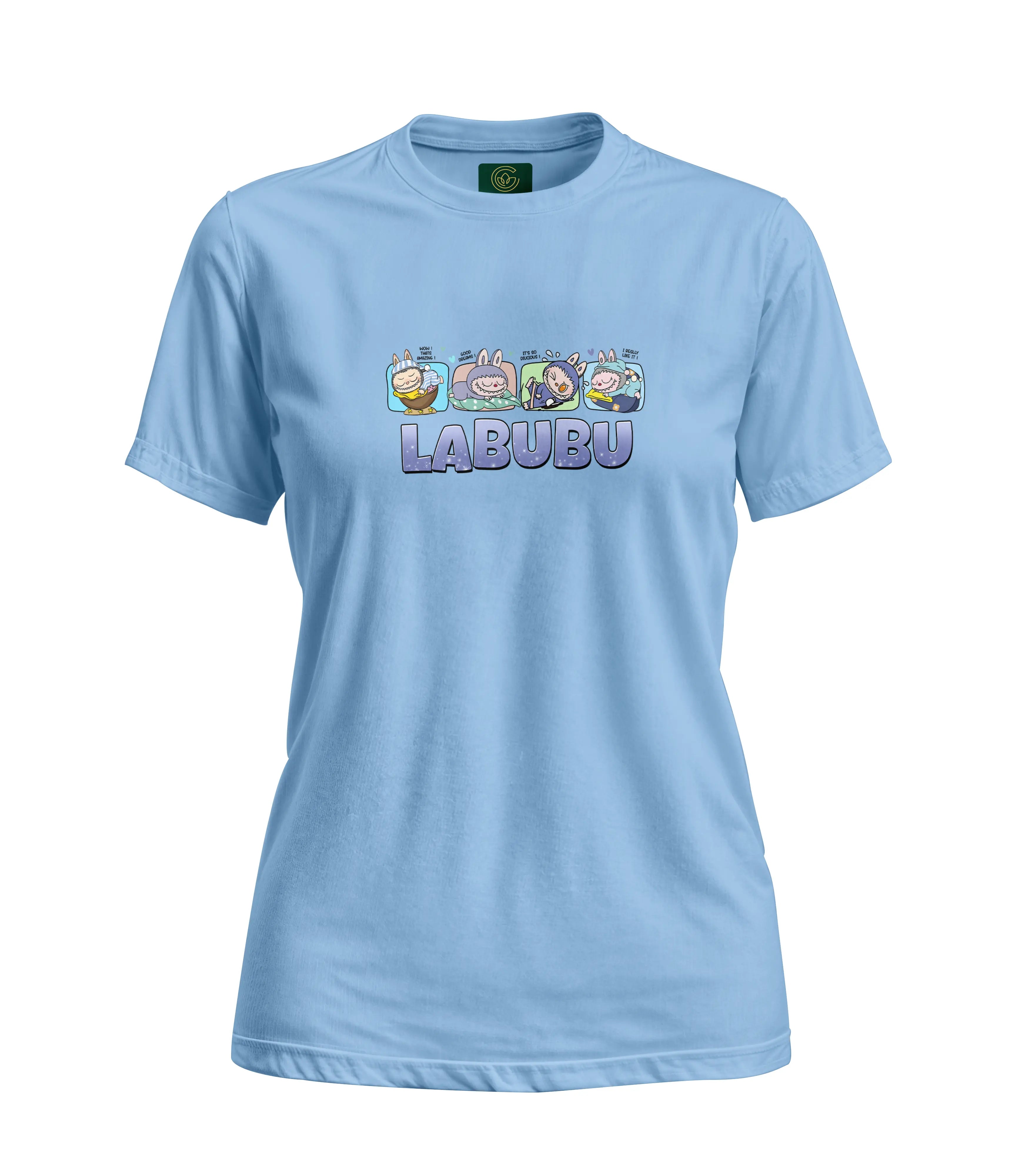 Light blue t-shirt with cartoon characters and 'LABUBU' text on a white background