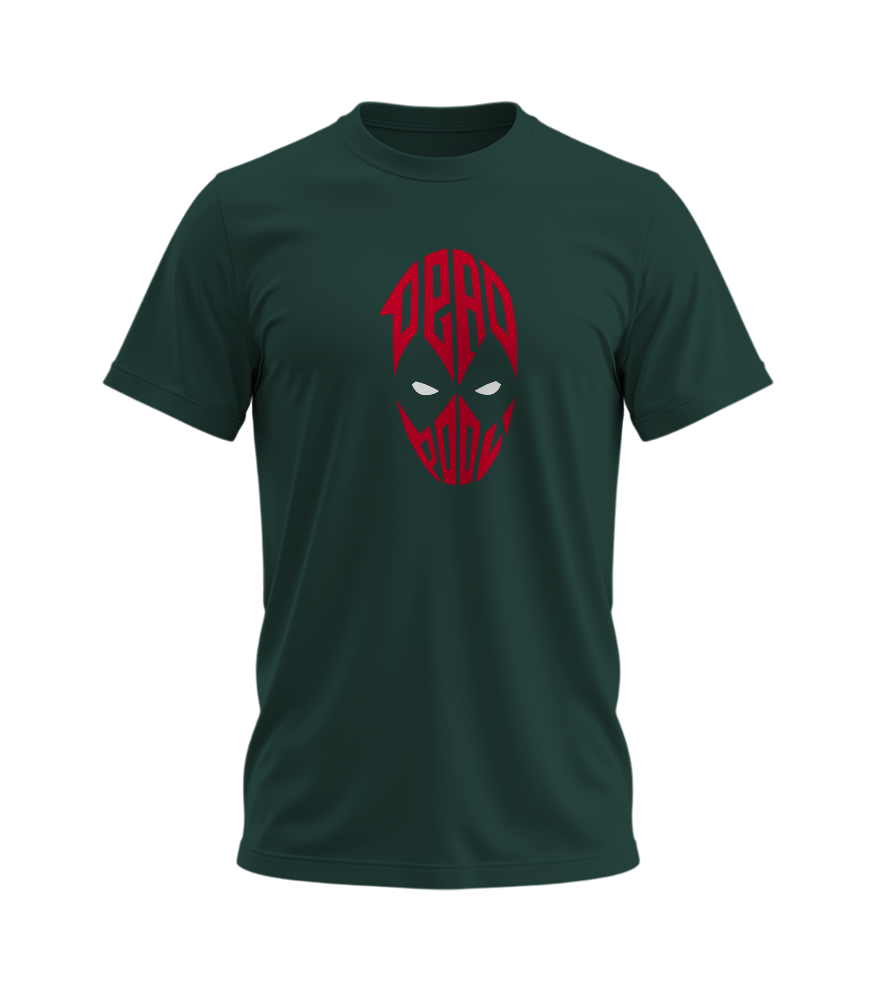 Green t-shirt with red graphic design on a white background