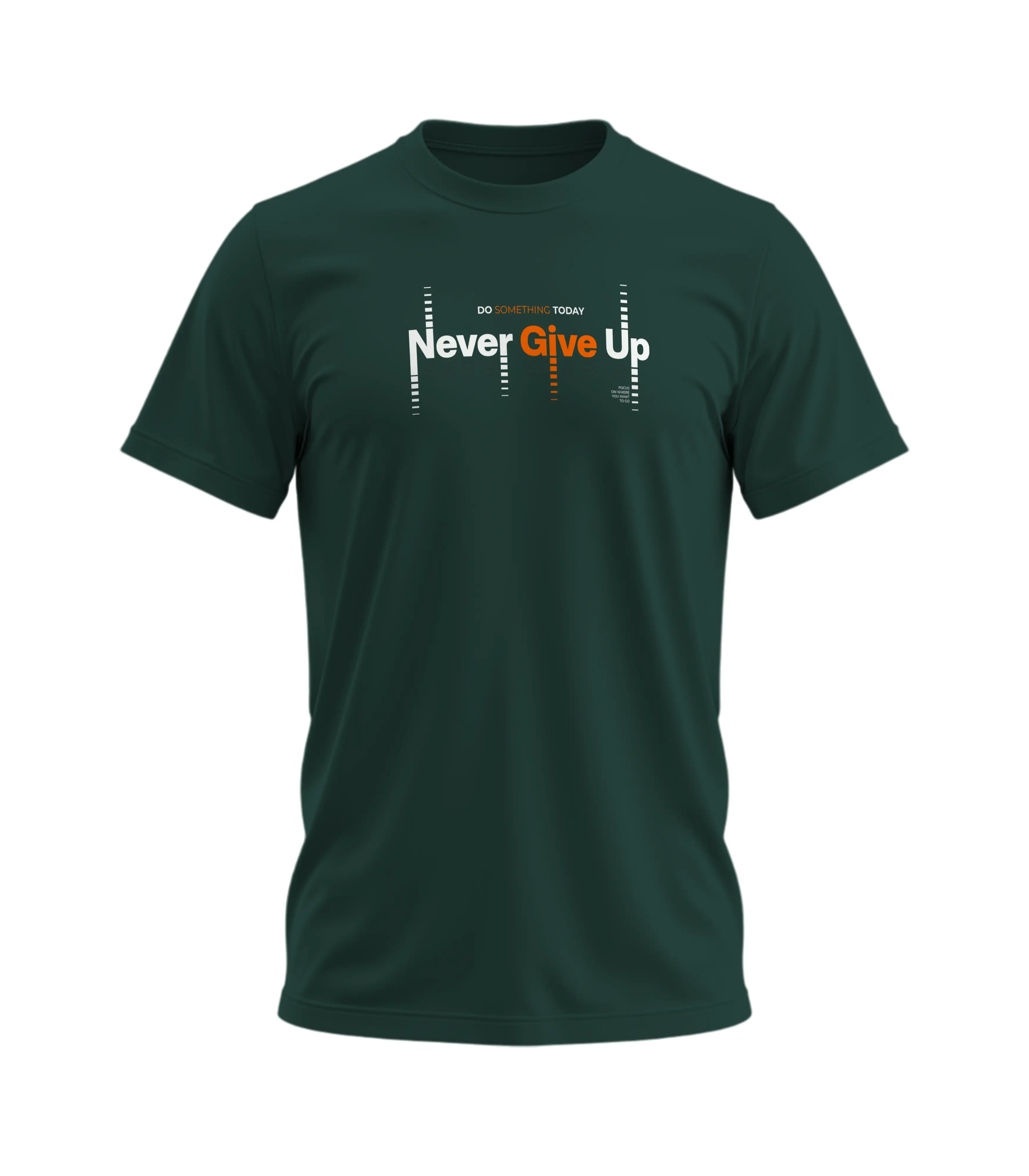 Green t-shirt with 'Never Give Up' text on a white background