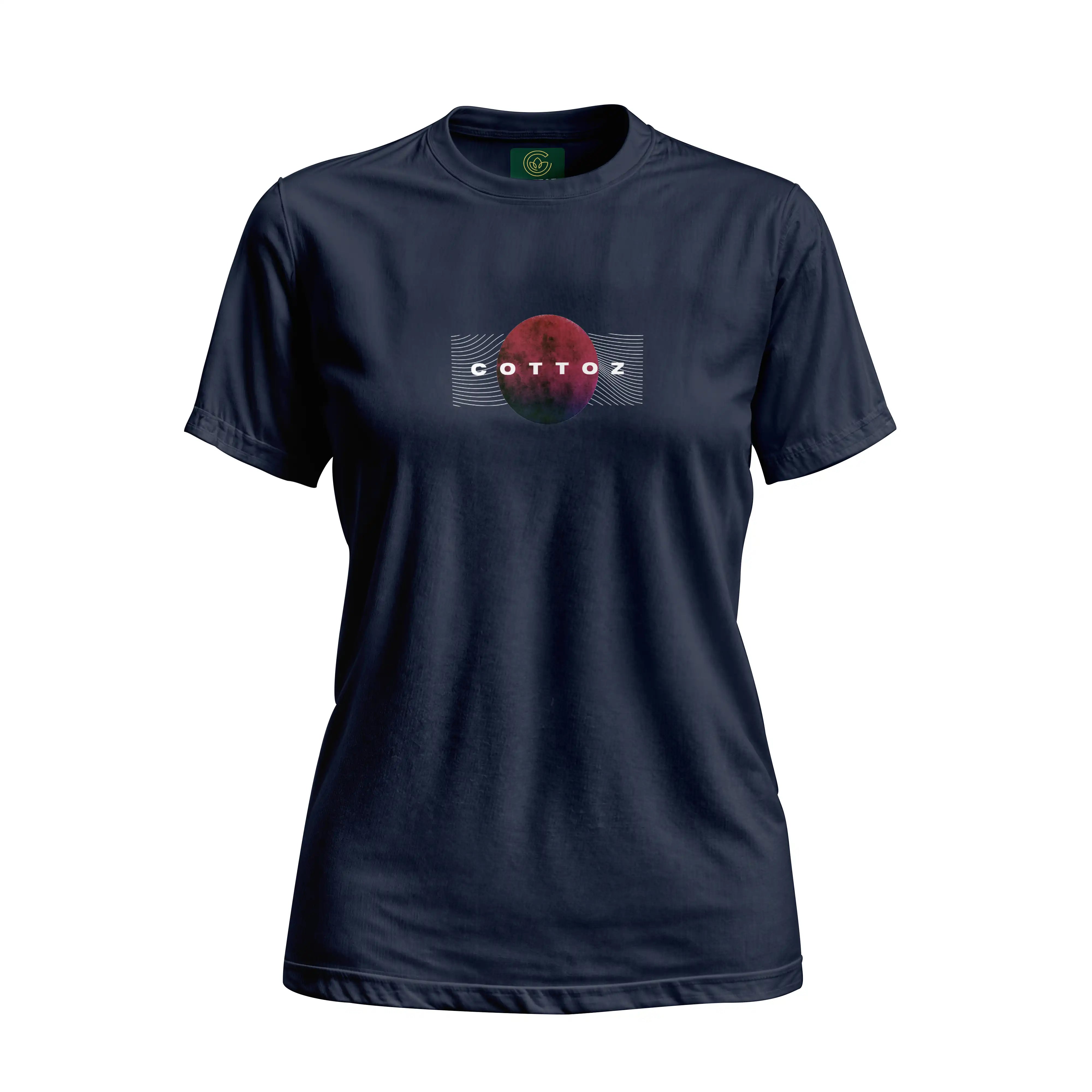 Navy blue t-shirt with a circular logo and 'COTTOZ' text on a white background