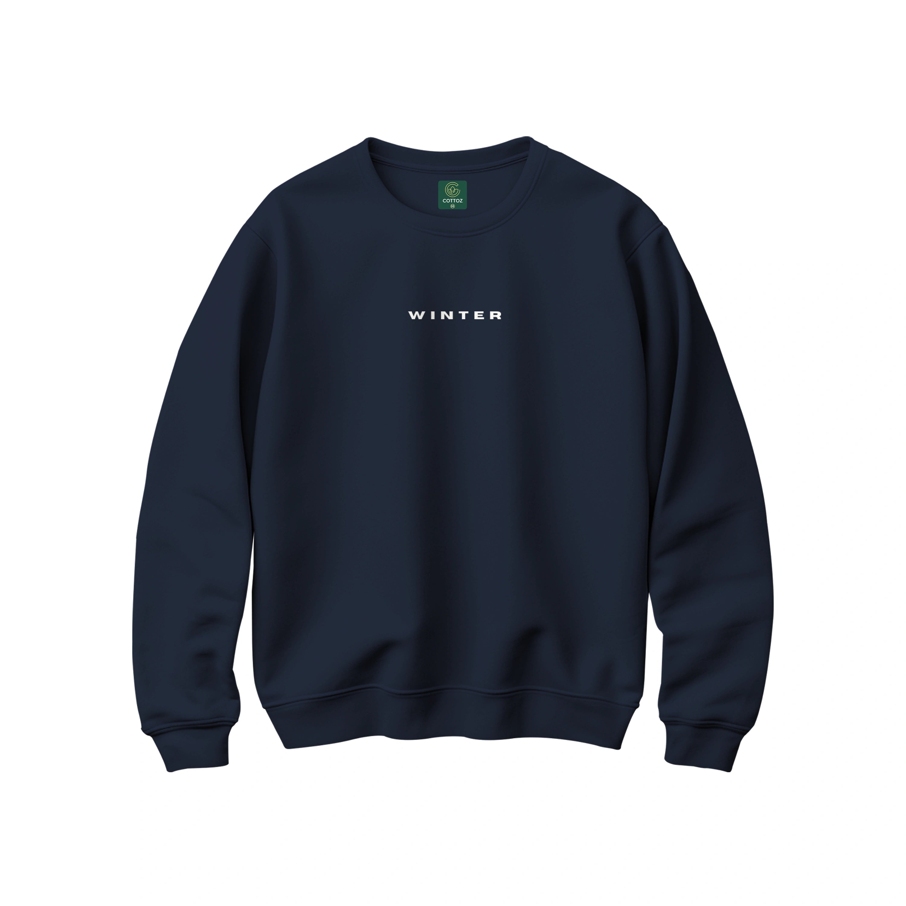 Navy blue sweatshirt with 'WINTER' text on a white background