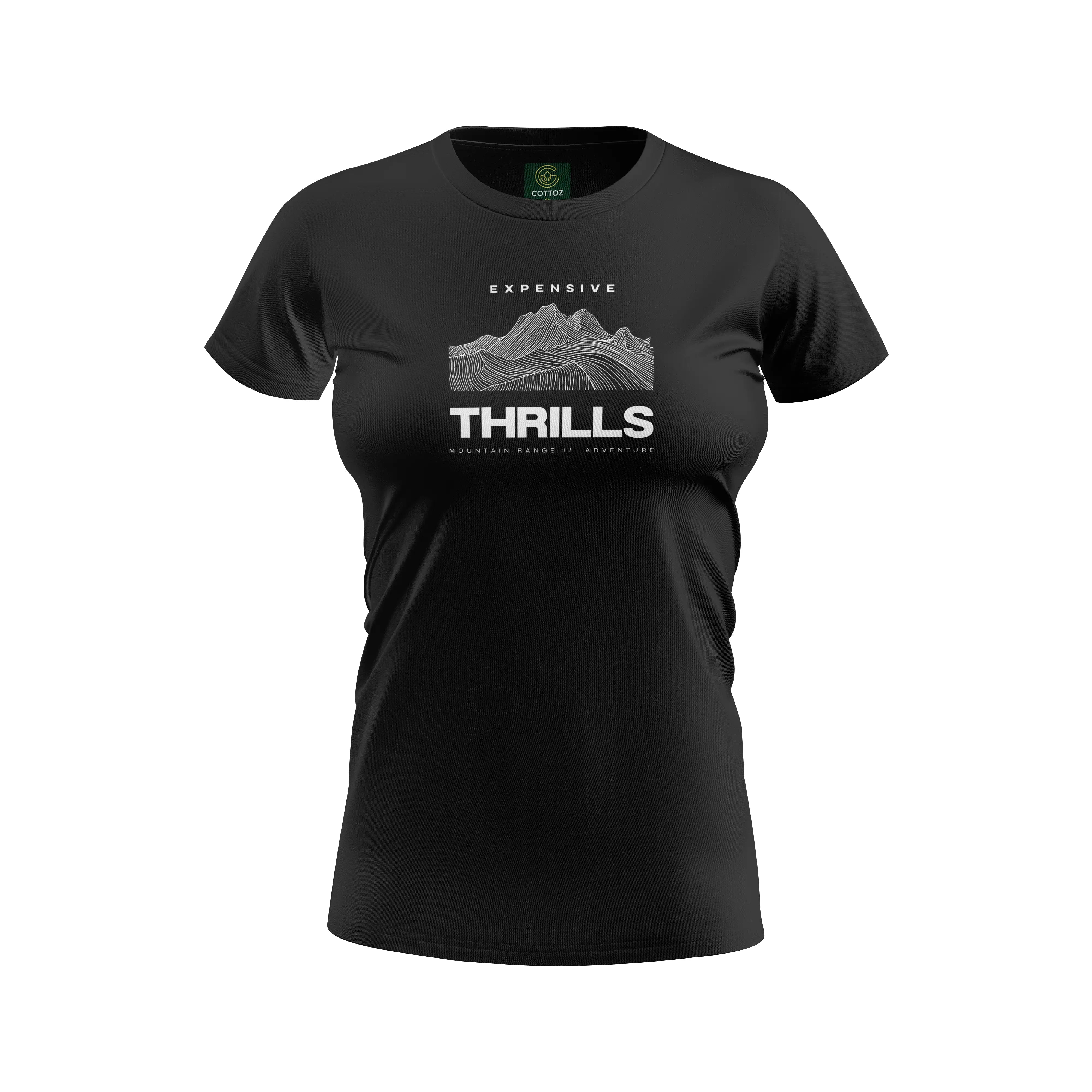 Black t-shirt with 'Expensive Thrills' graphic design on a white background