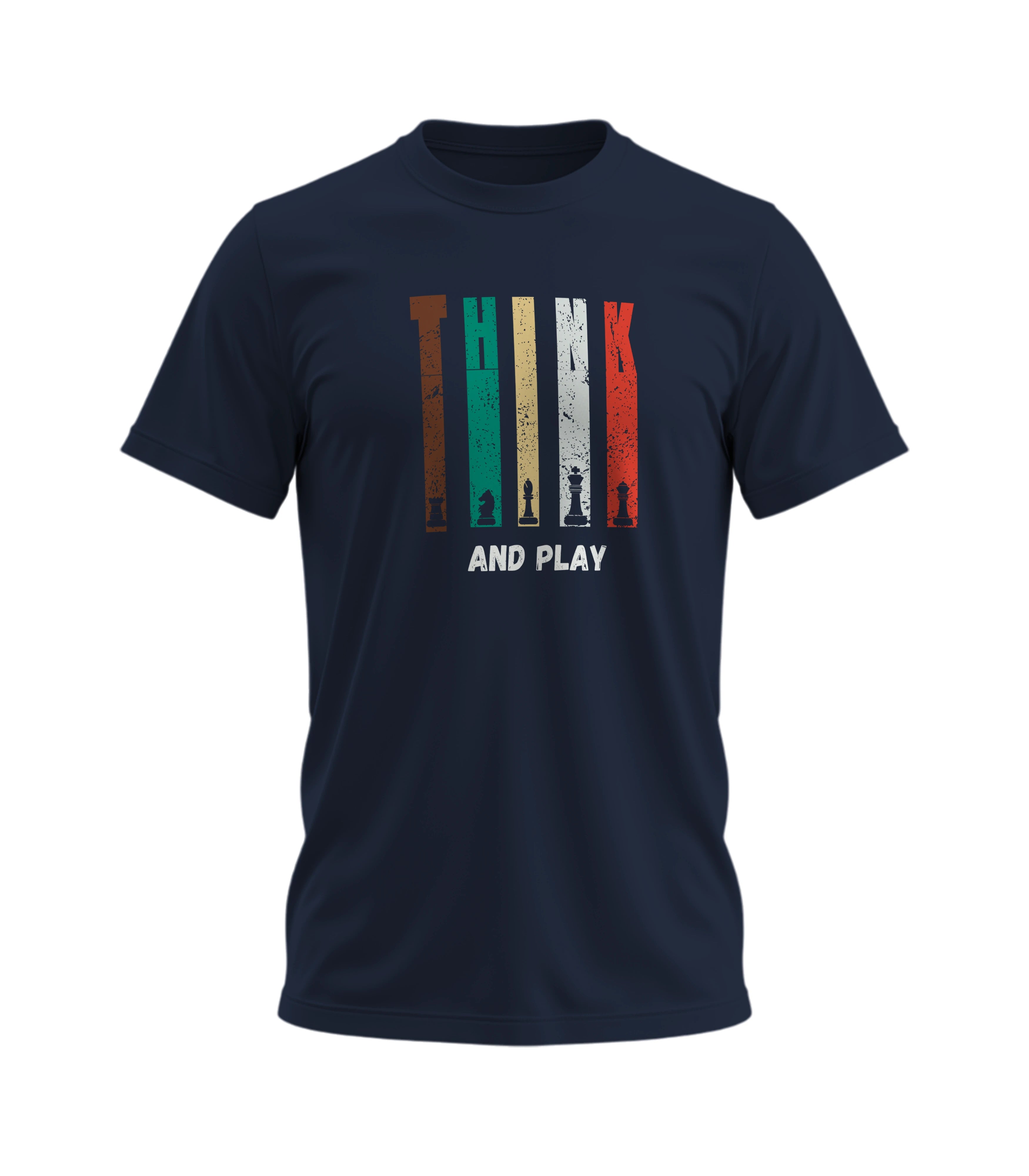 Navy blue t-shirt with colorful graphic design and 'Think and Play' text on a white background