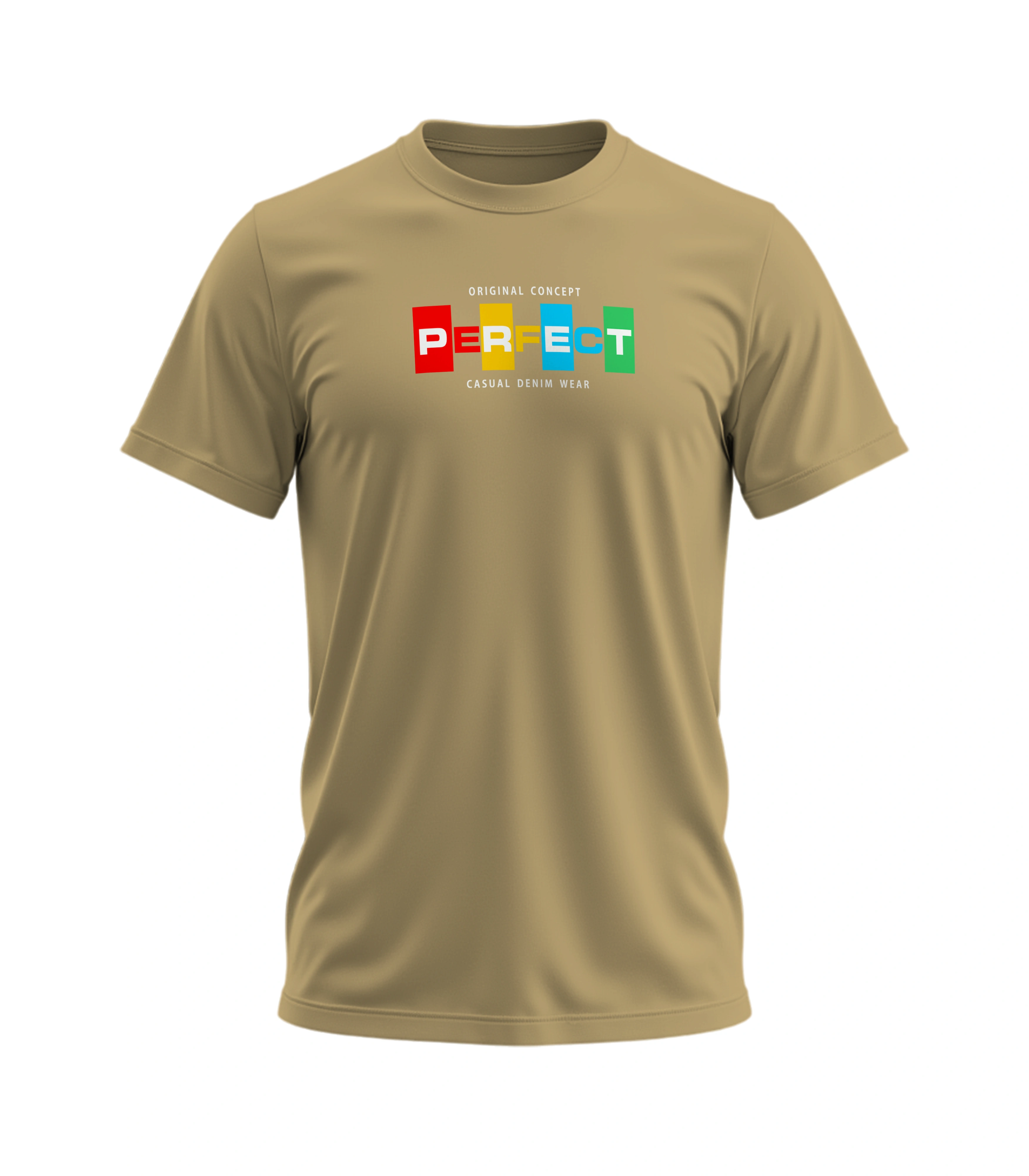 Beige t-shirt with colorful 'PERFECT' logo on a white background