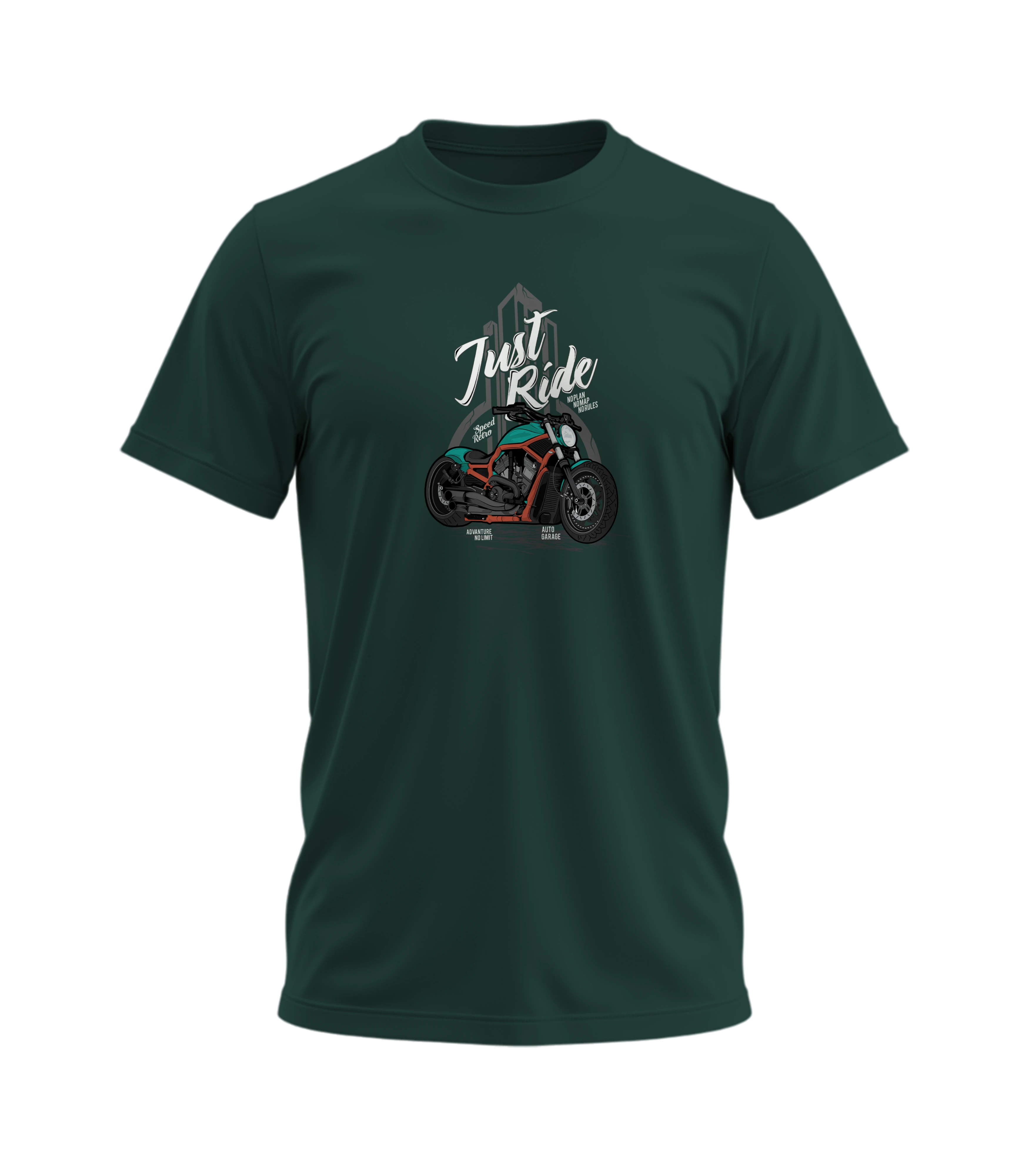Green t-shirt with a graphic design and text on a white background