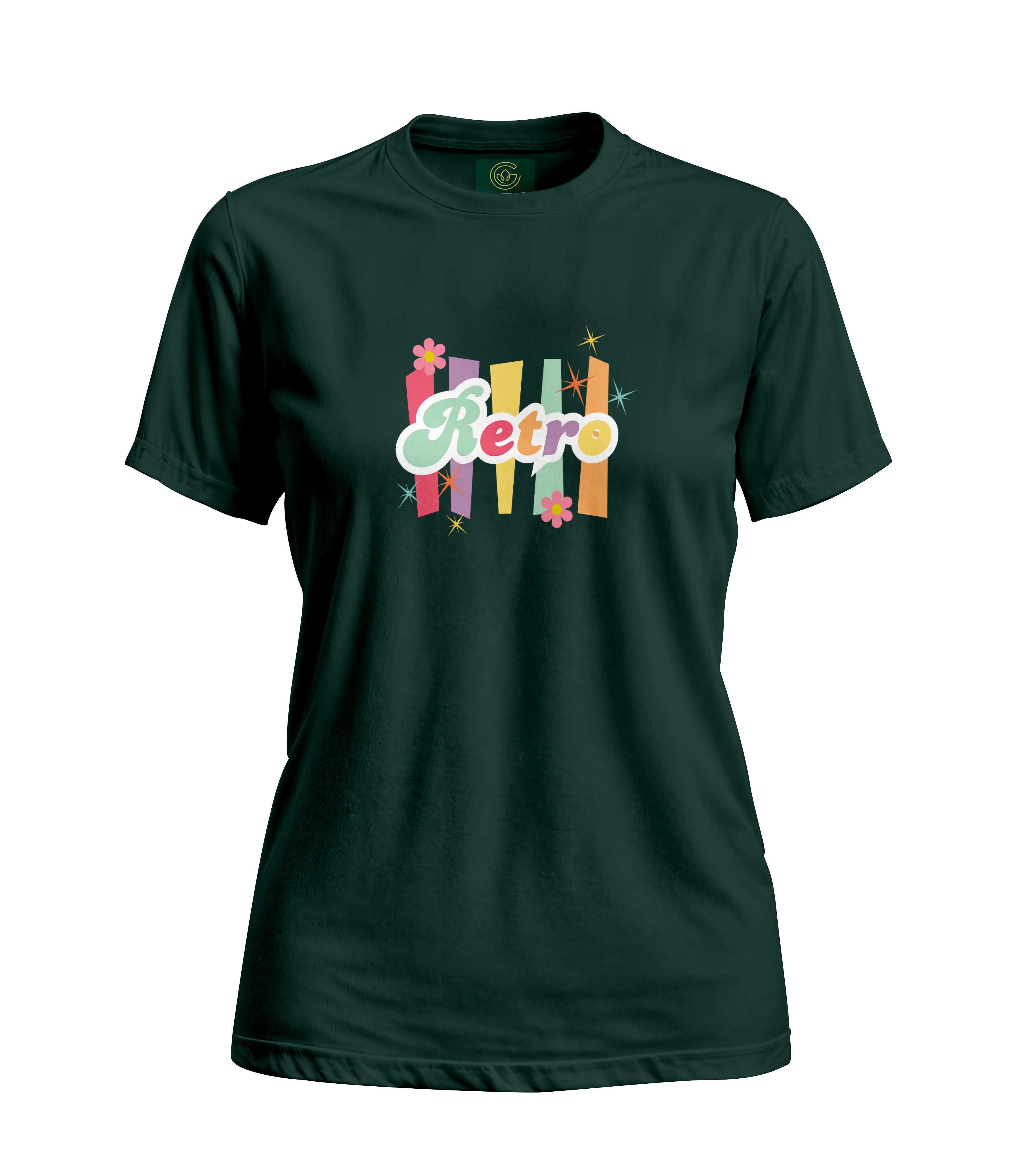 Dark green t-shirt with colorful 'Retro' design on a white background