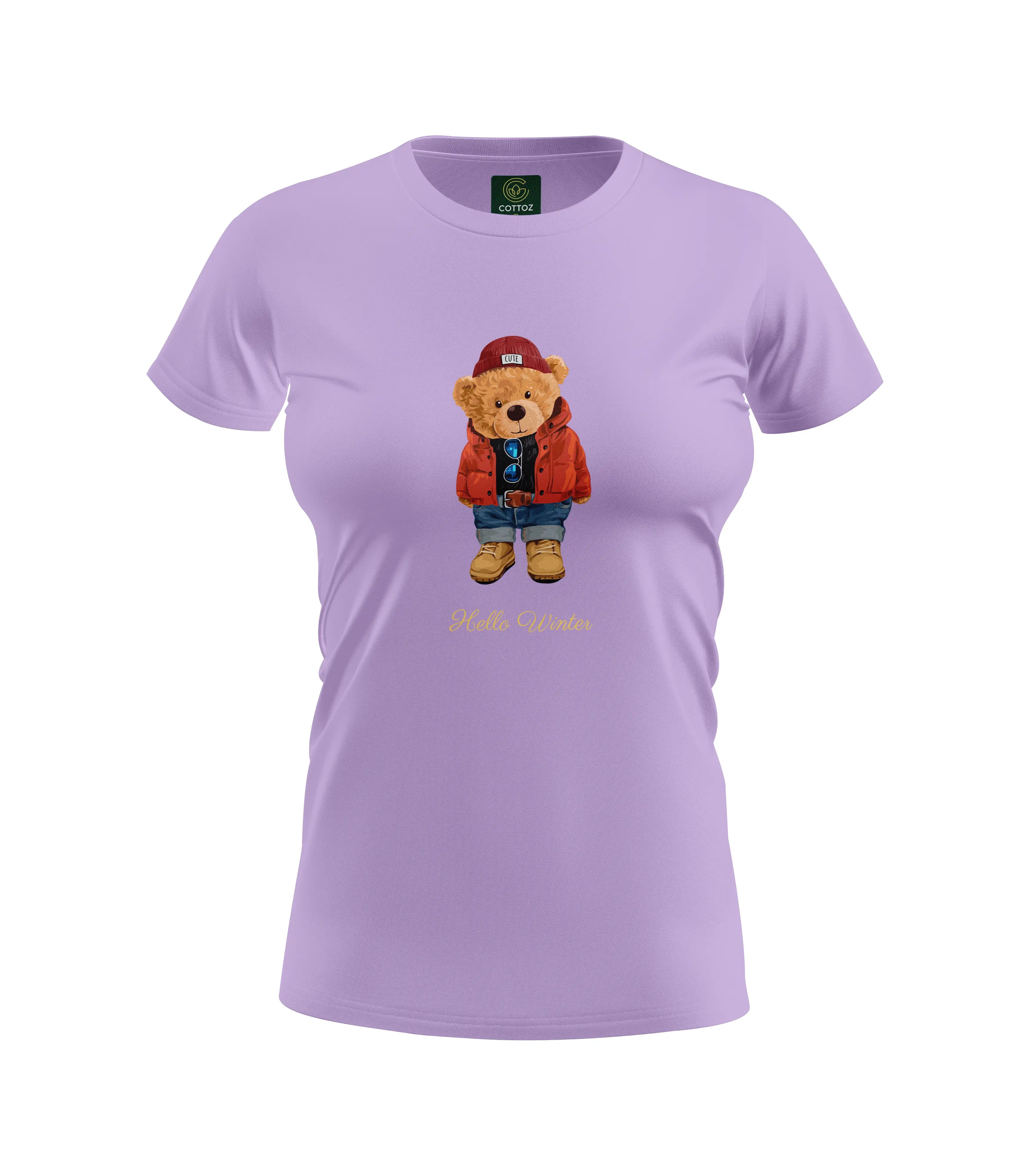 Purple t-shirt with a teddy bear graphic and text on a white background