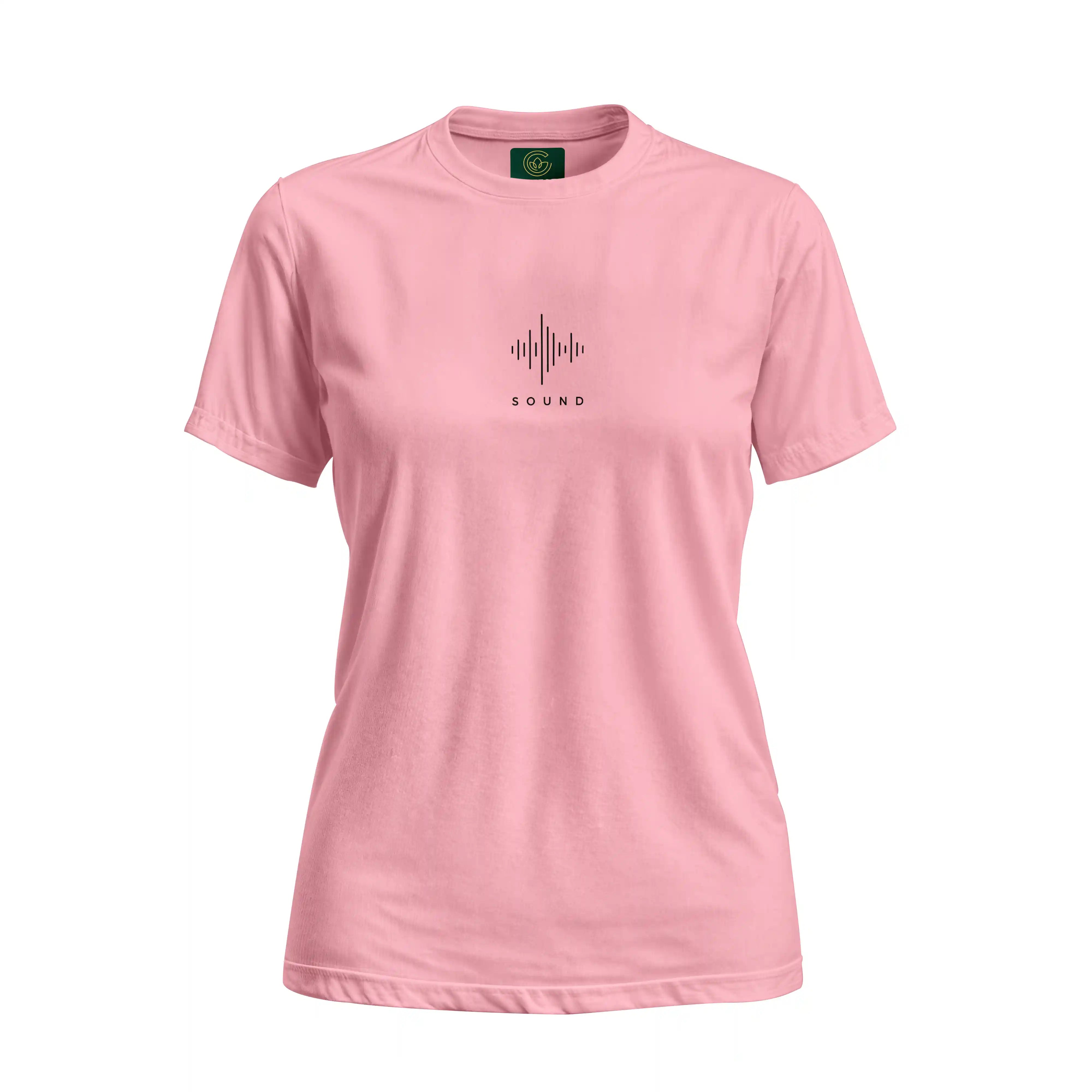 Pink t-shirt with a black sound wave design and 'SOUND' text on a white background