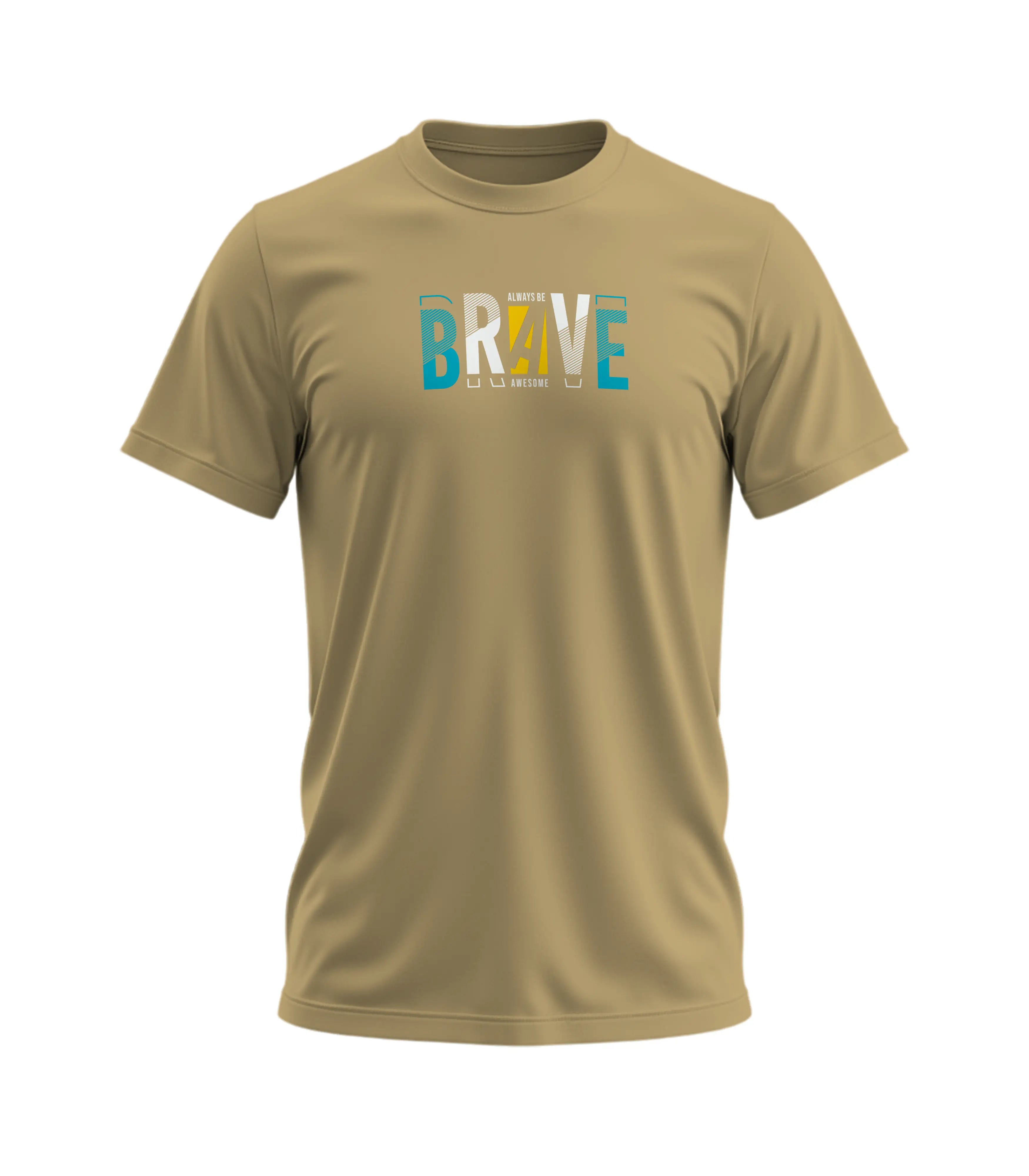 Beige t-shirt with 'BRAVE' text in multicolor on a white background