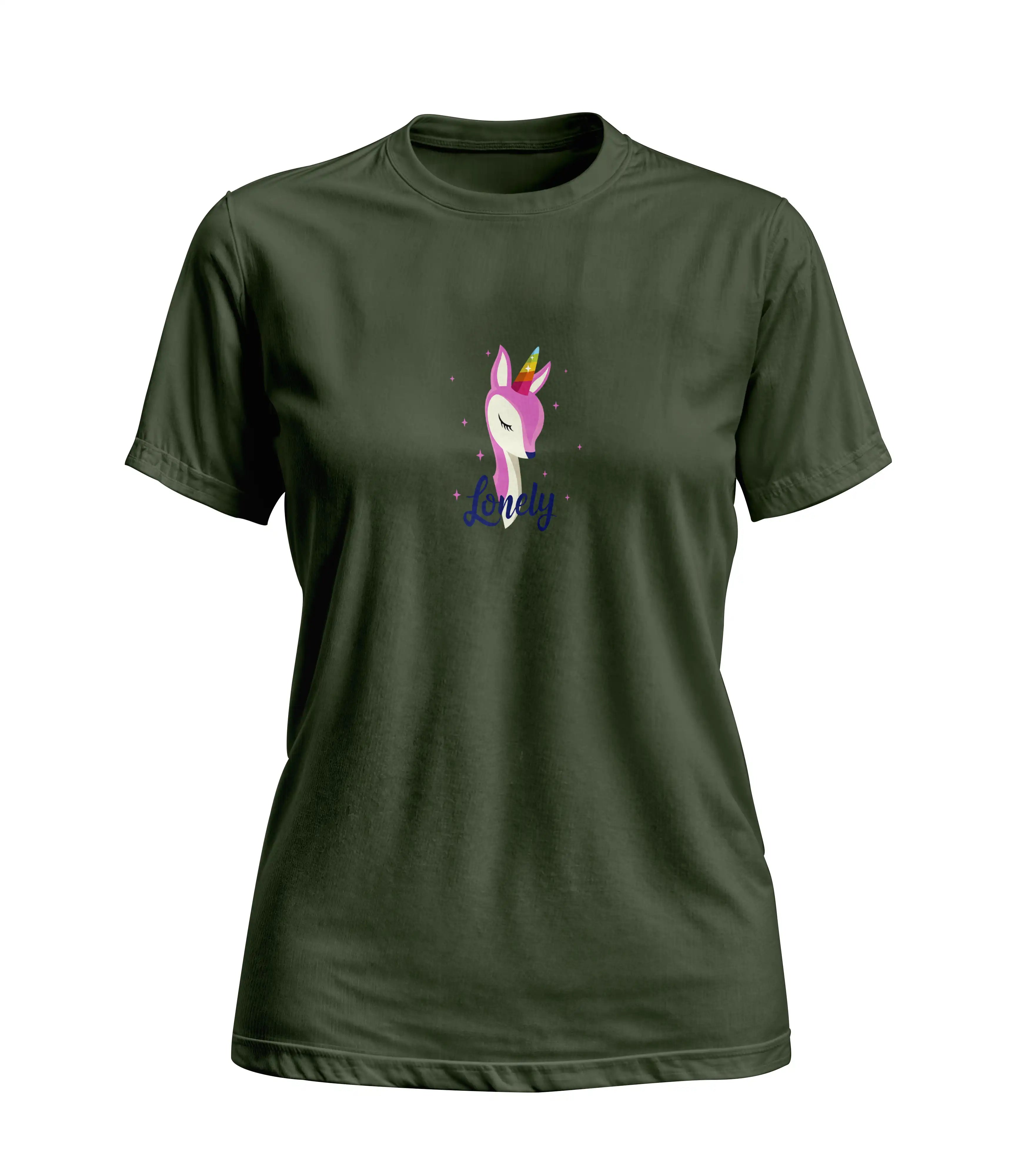 Green t-shirt with a unicorn graphic and text on a white background