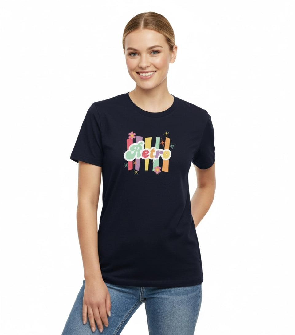 Woman wearing a black t-shirt with colorful 'Retro' design on a white background