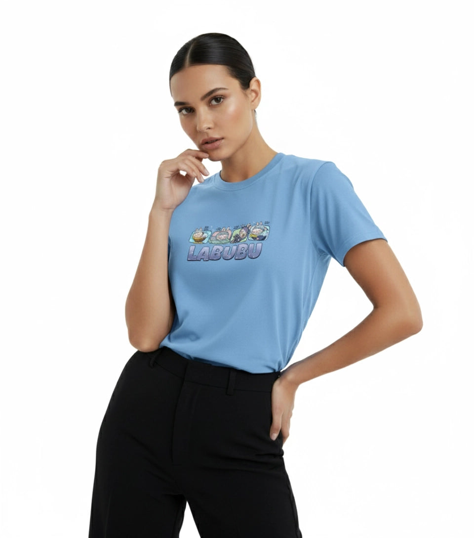 Woman wearing a light blue t-shirt with a colorful logo on a white background