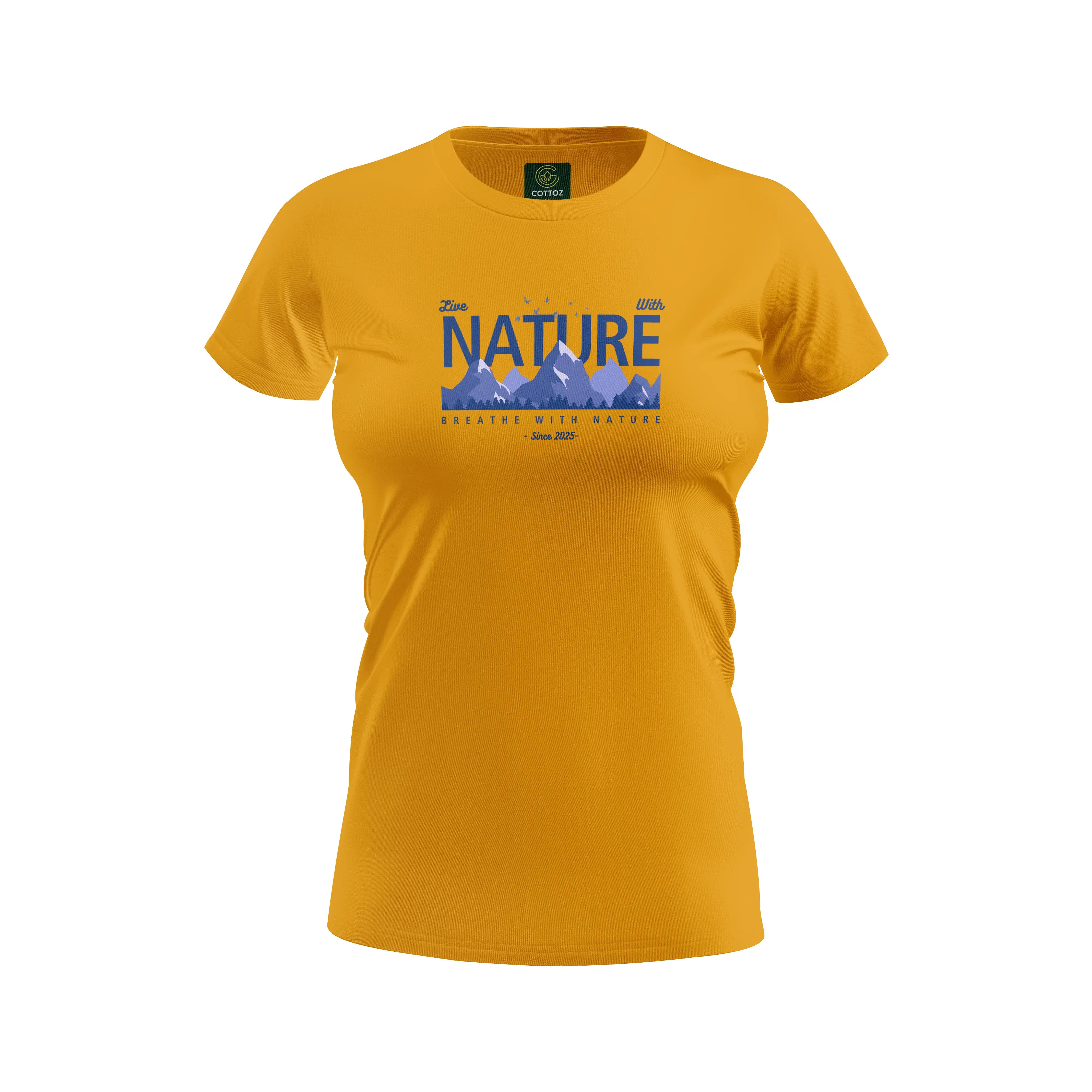 Yellow t-shirt with 'Nature' graphic design on a white background