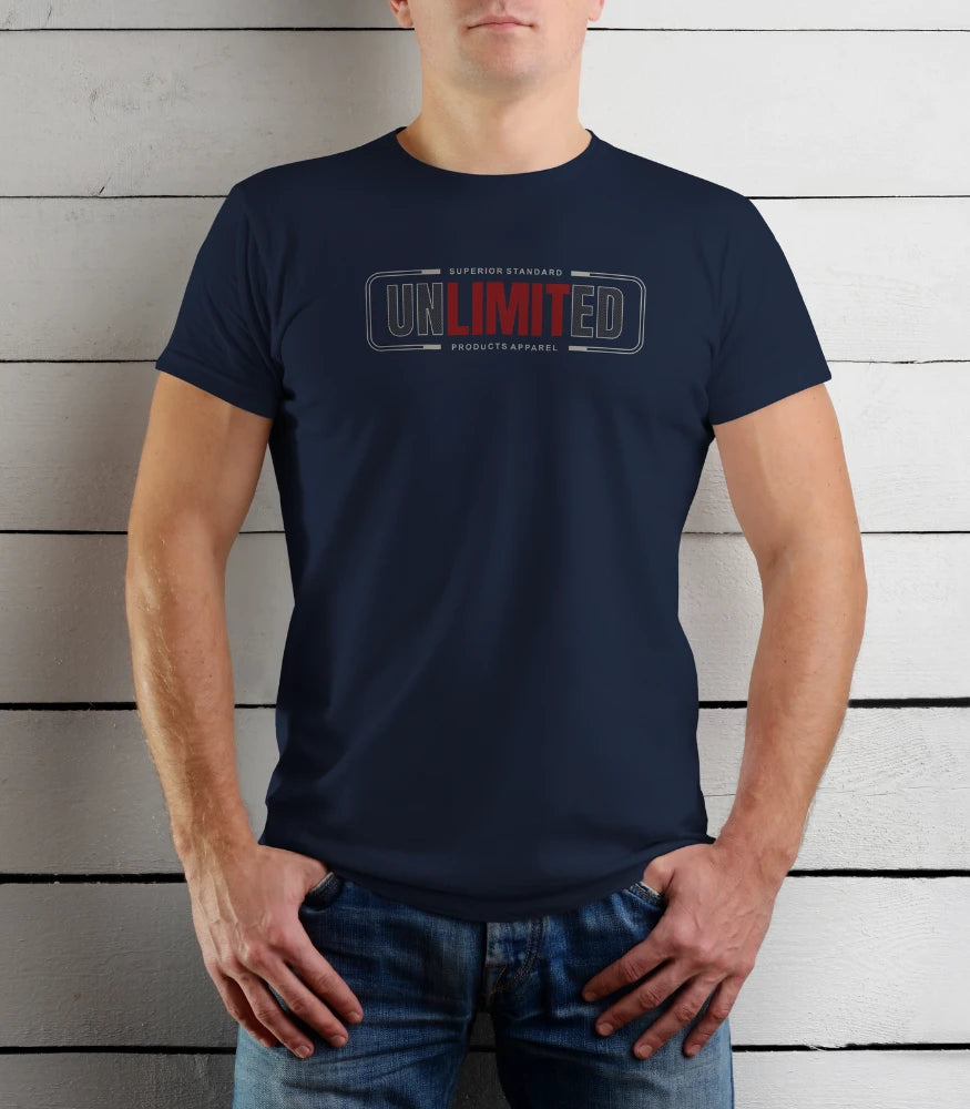 Person wearing a navy blue t-shirt with 'UNLIMITED' logo against a wooden background