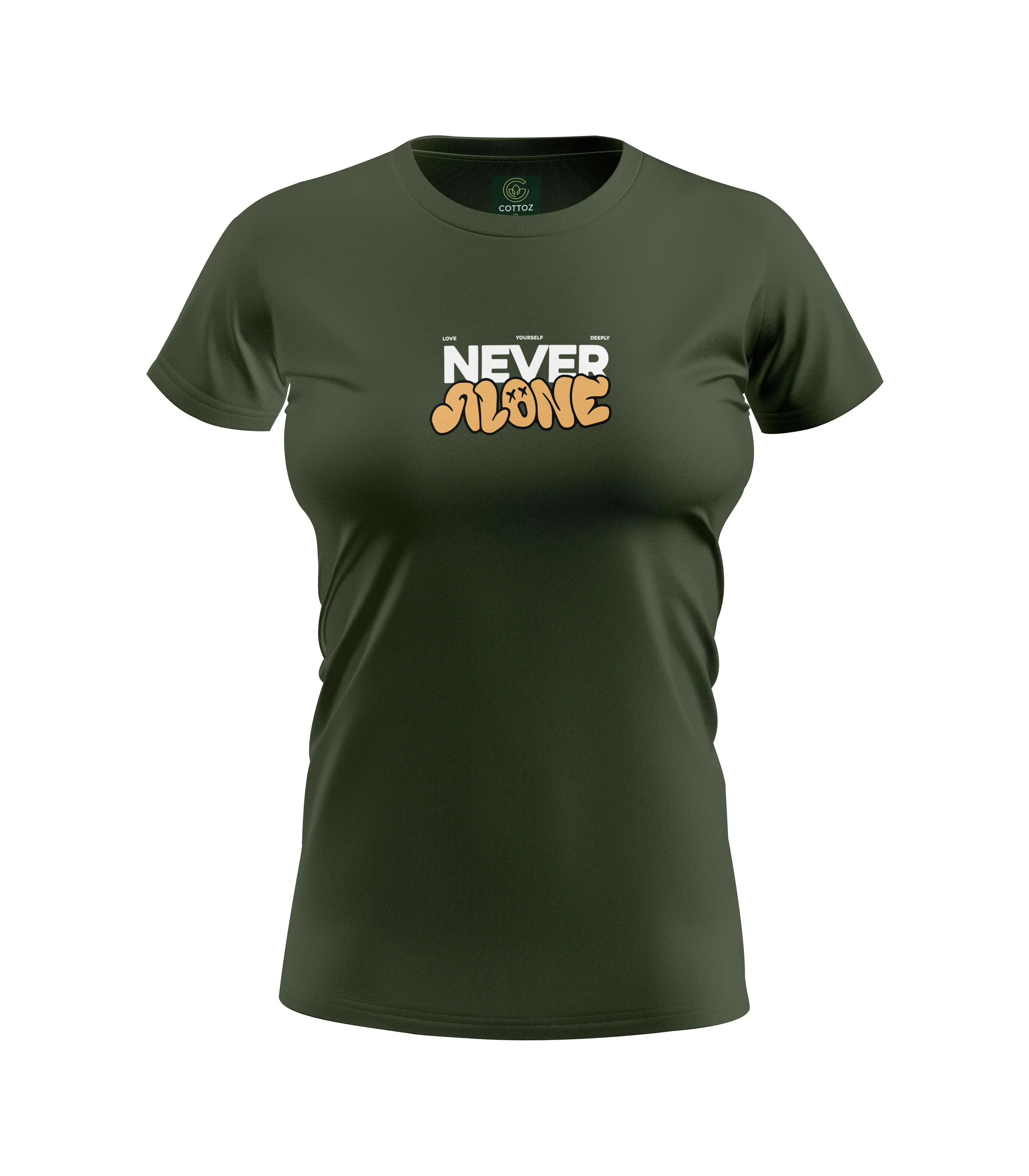 Green t-shirt with 'Never Alone' text on a white background