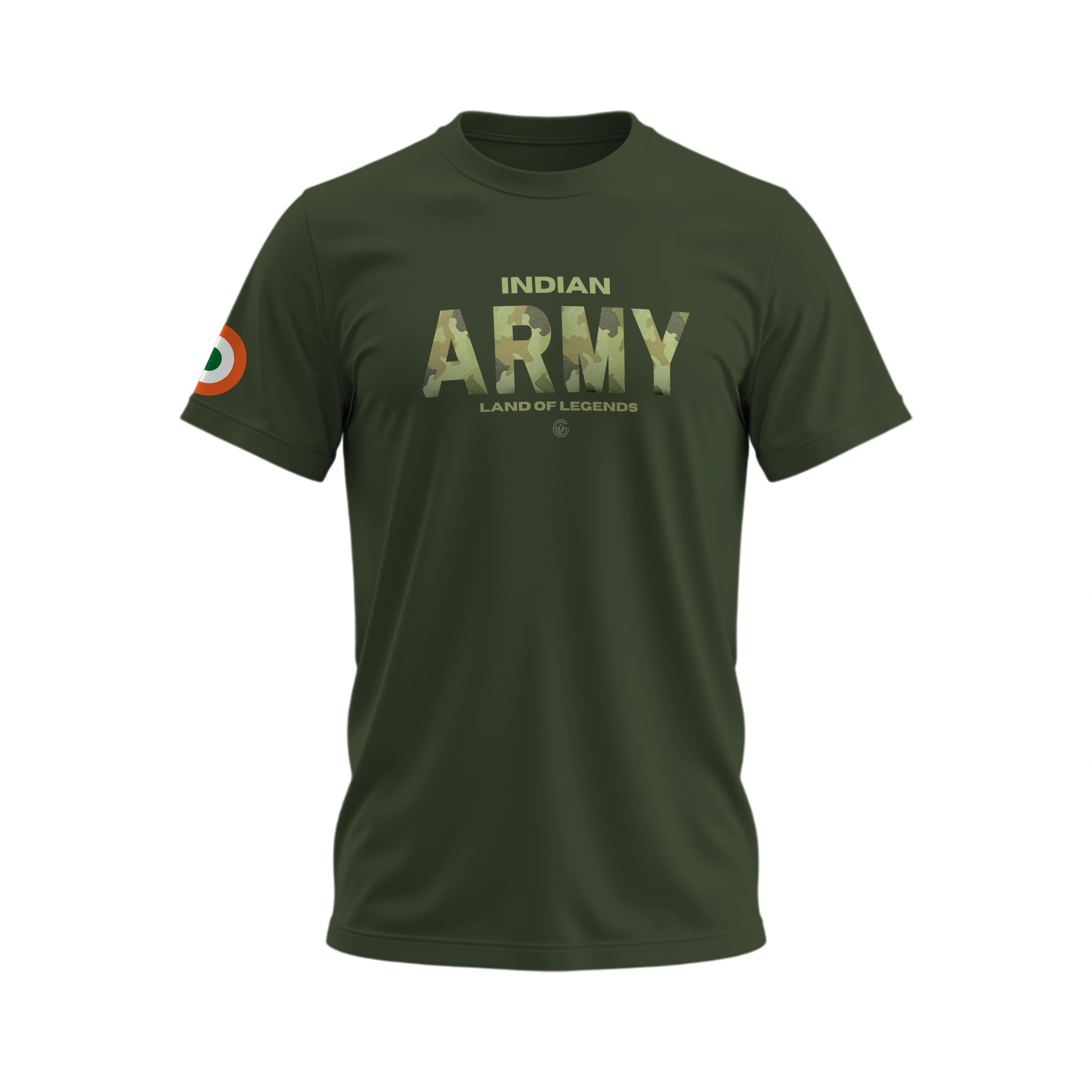 Green t-shirt with 'Indian Army Land of Legends' text on a white background