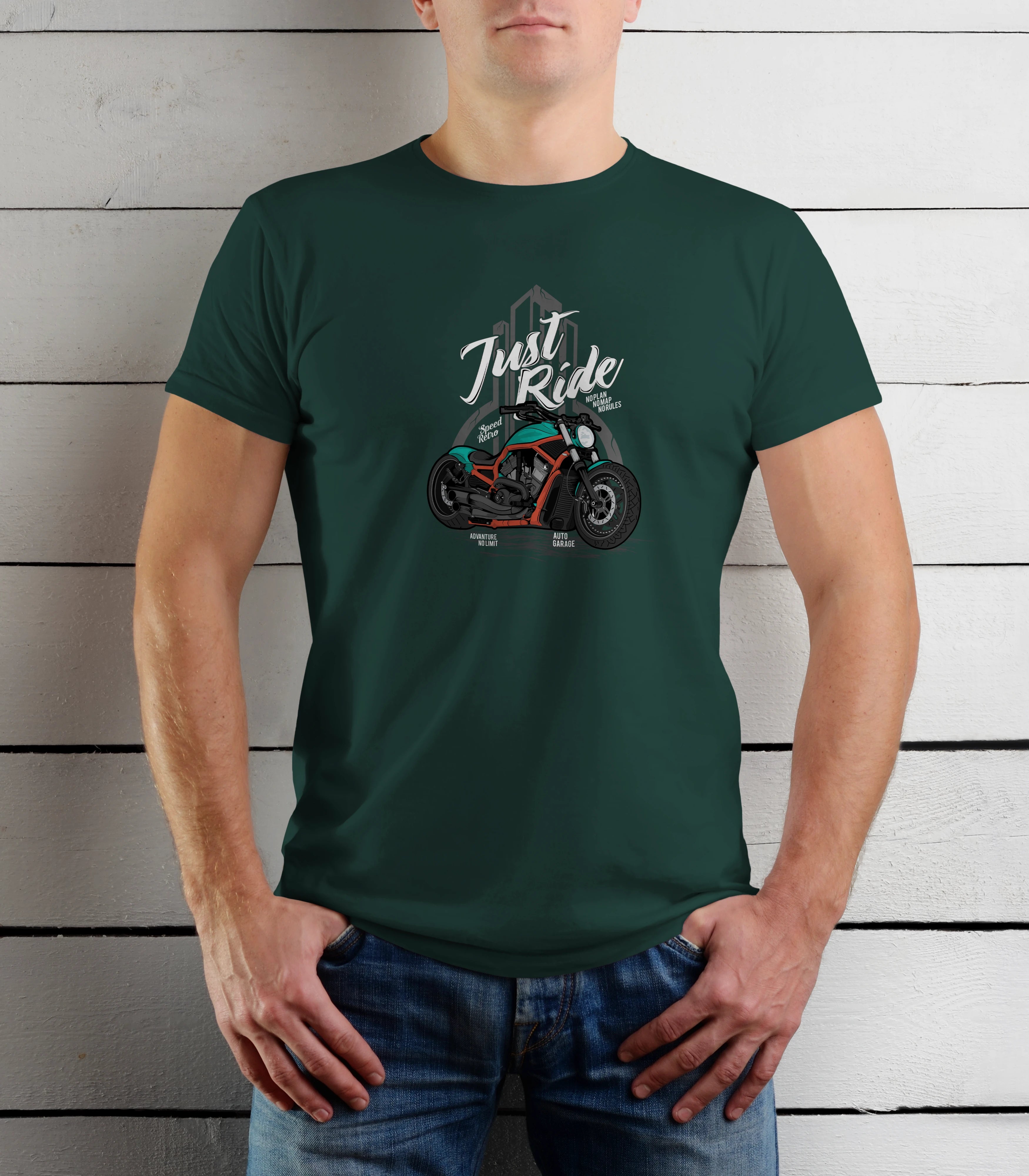 Person wearing a green t-shirt with a motorcycle graphic and 'Just Ride' text against a wooden background