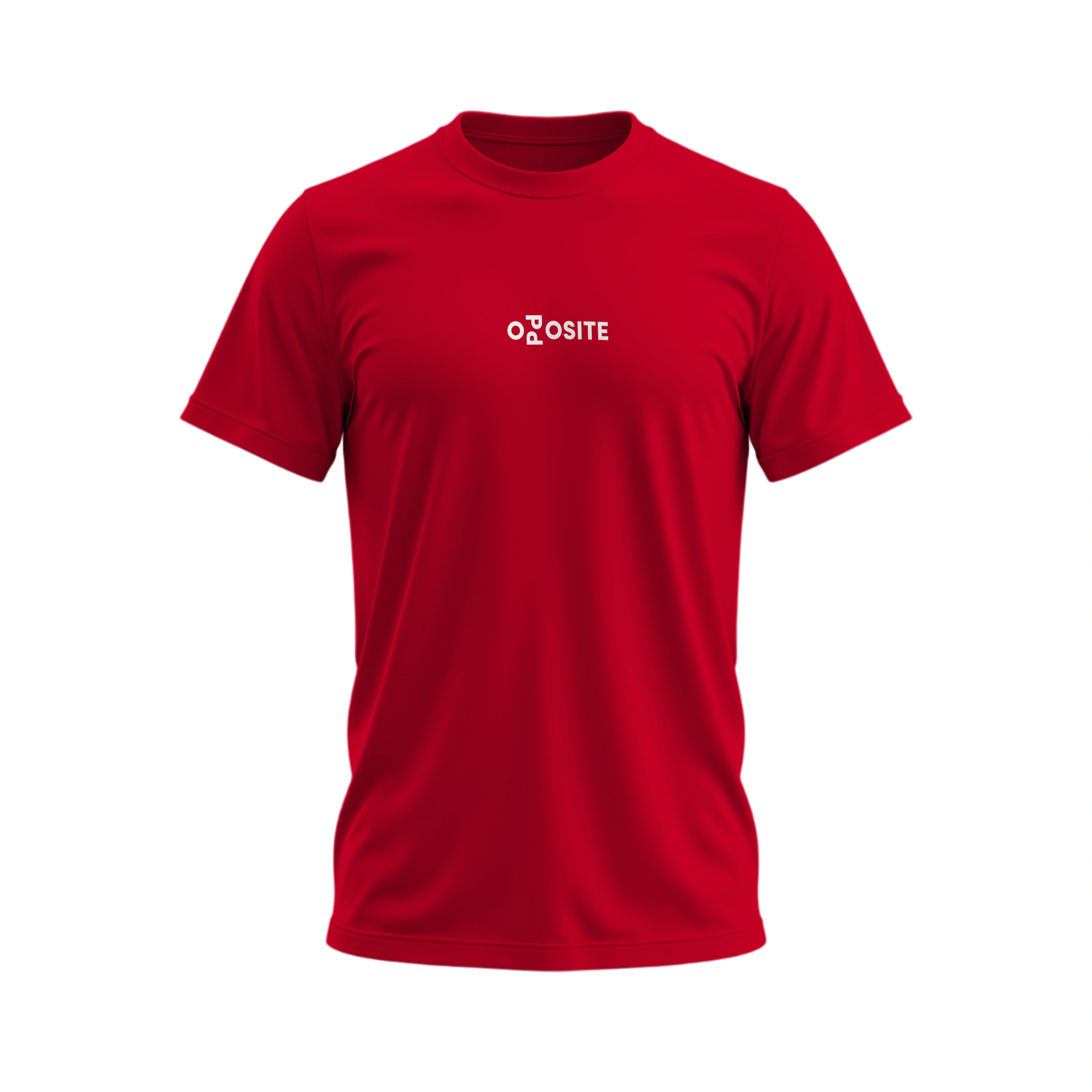 Red t-shirt with 'OPPOSITE' logo on a white background