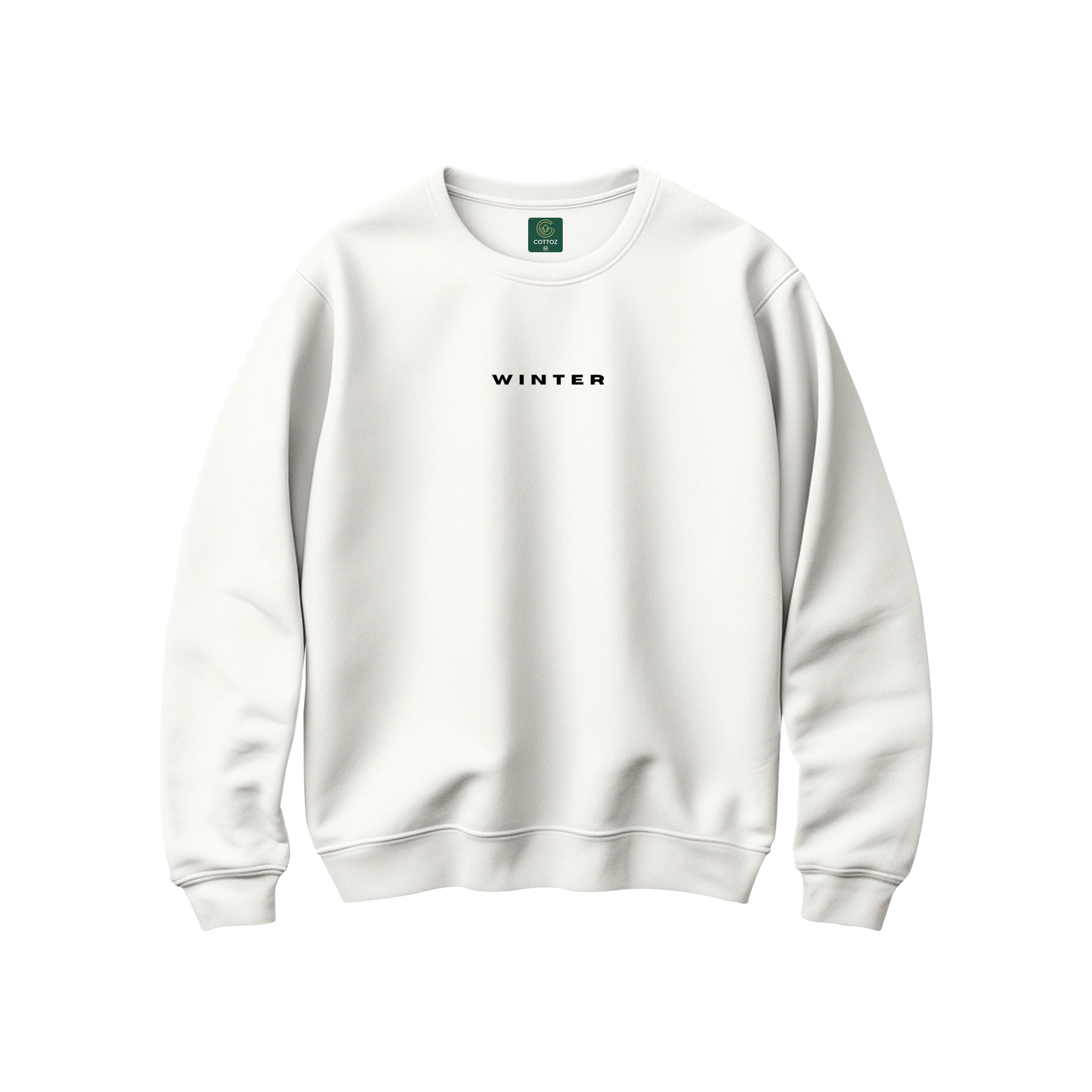 White sweatshirt with 'WINTER' text on a white background
