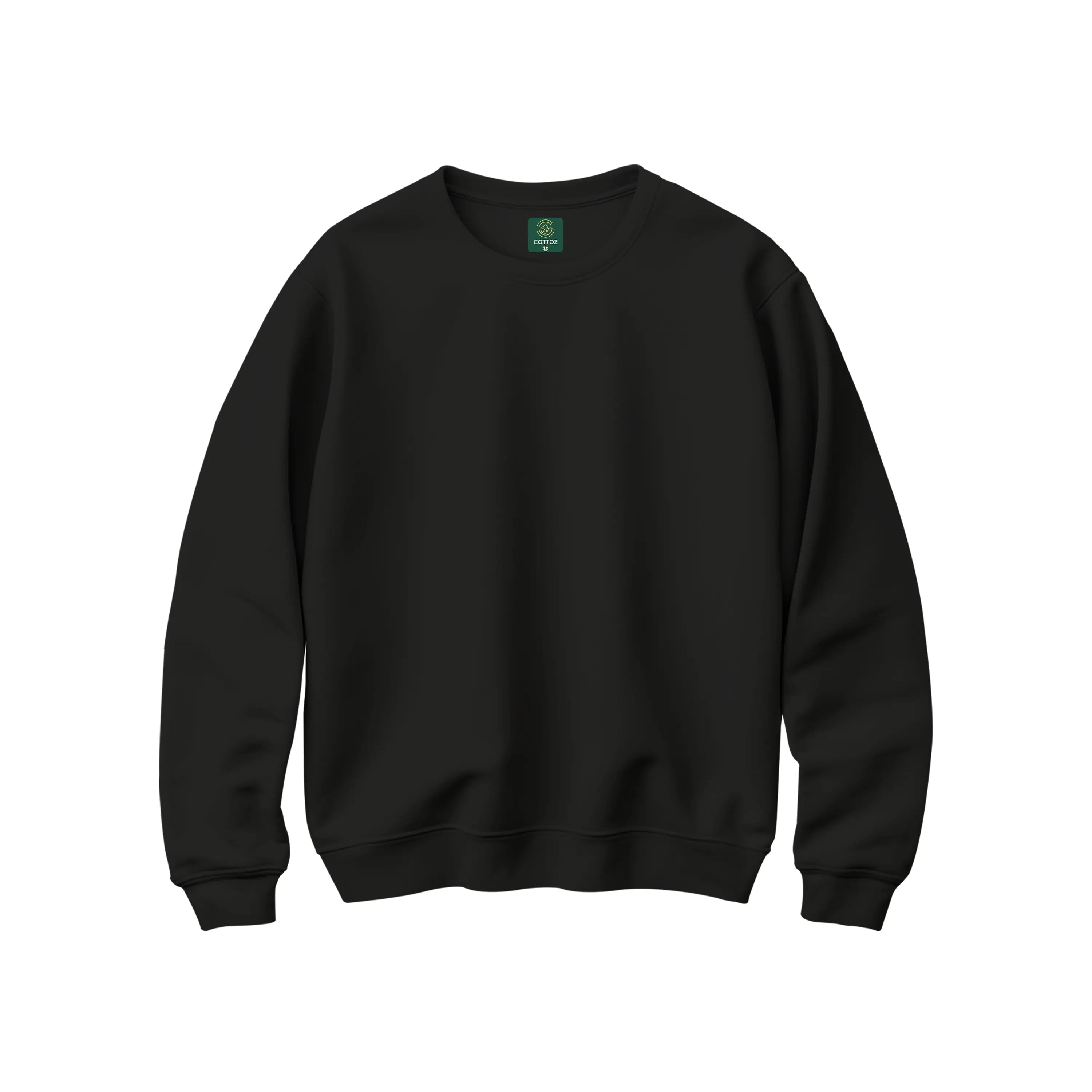 Black sweatshirt with a brand logo on a white background