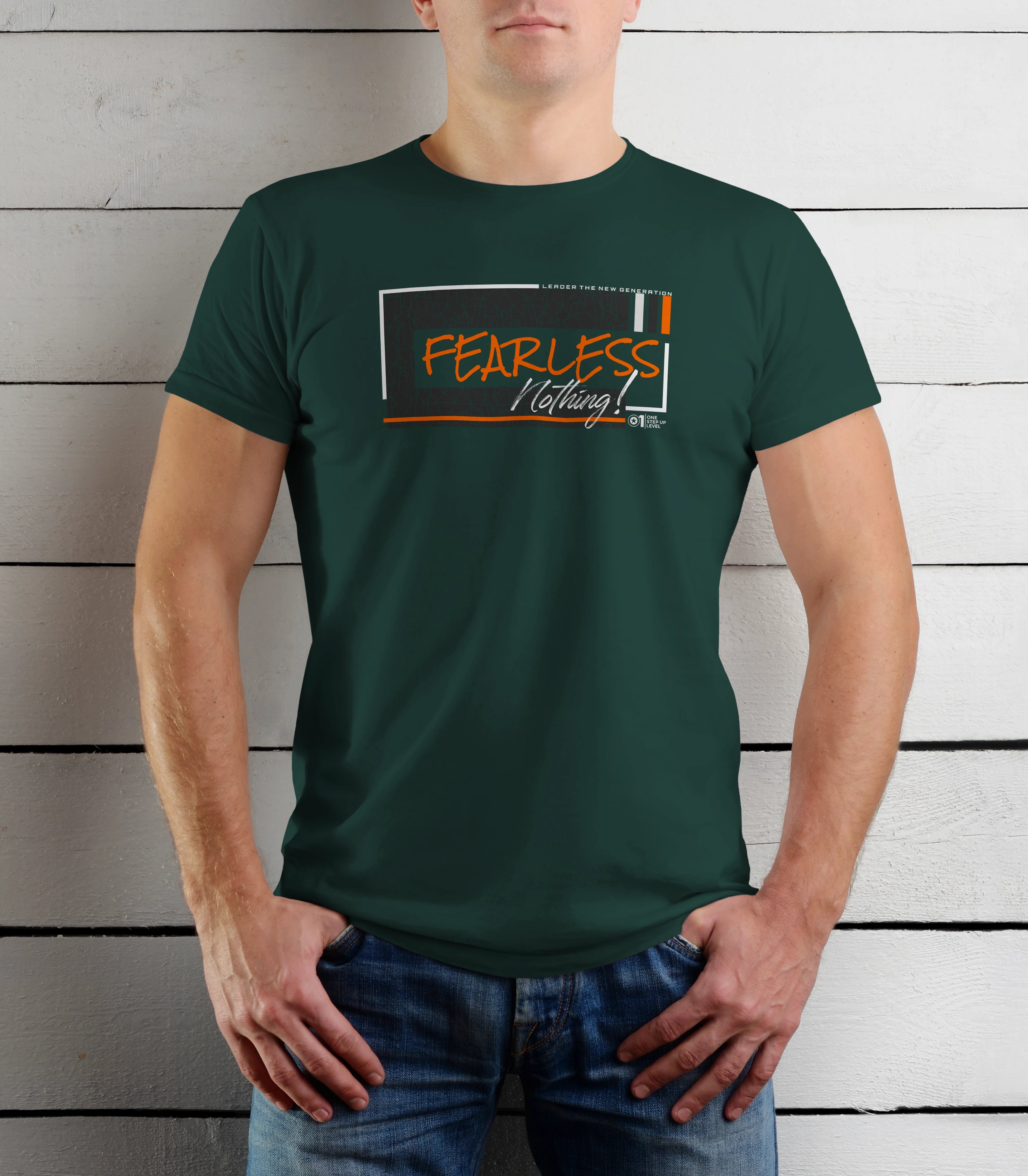 Person wearing a green t-shirt with 'Fearless Nothing' text design against a wooden background