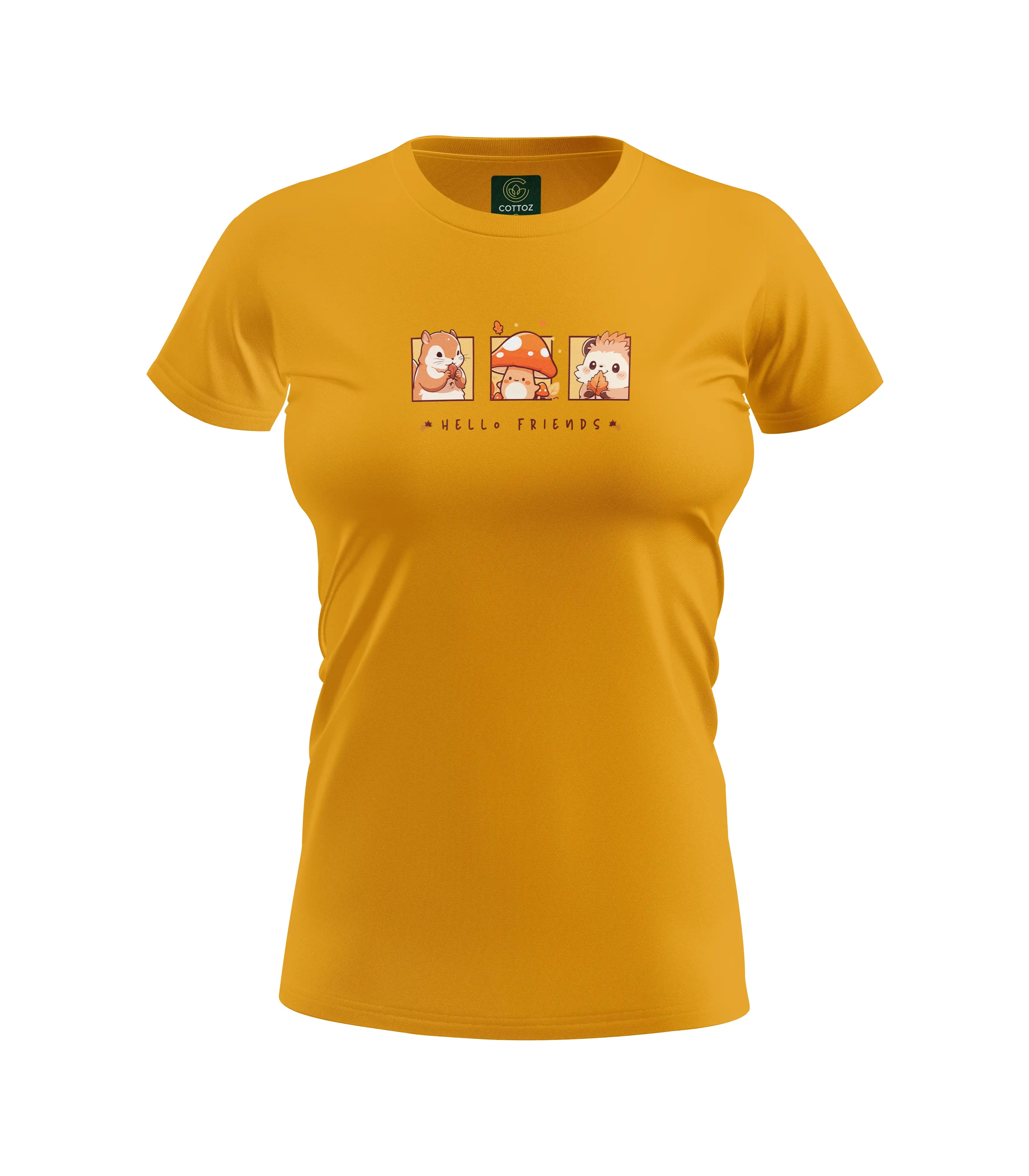 Yellow t-shirt with cartoon characters and text on a white background