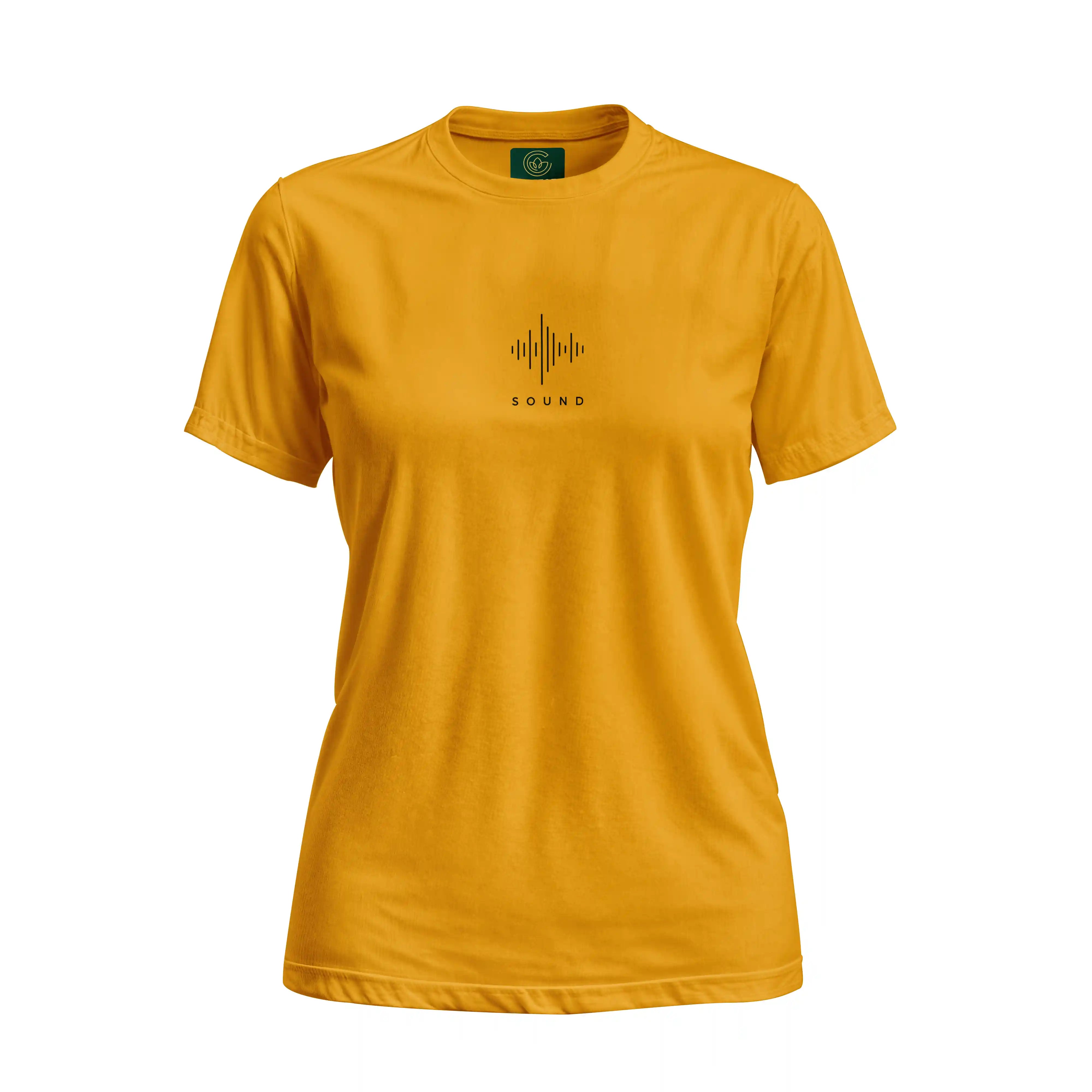 Yellow t-shirt with a black graphic and text on a white background