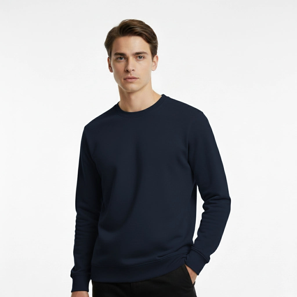 Man wearing a navy blue sweater on a white background