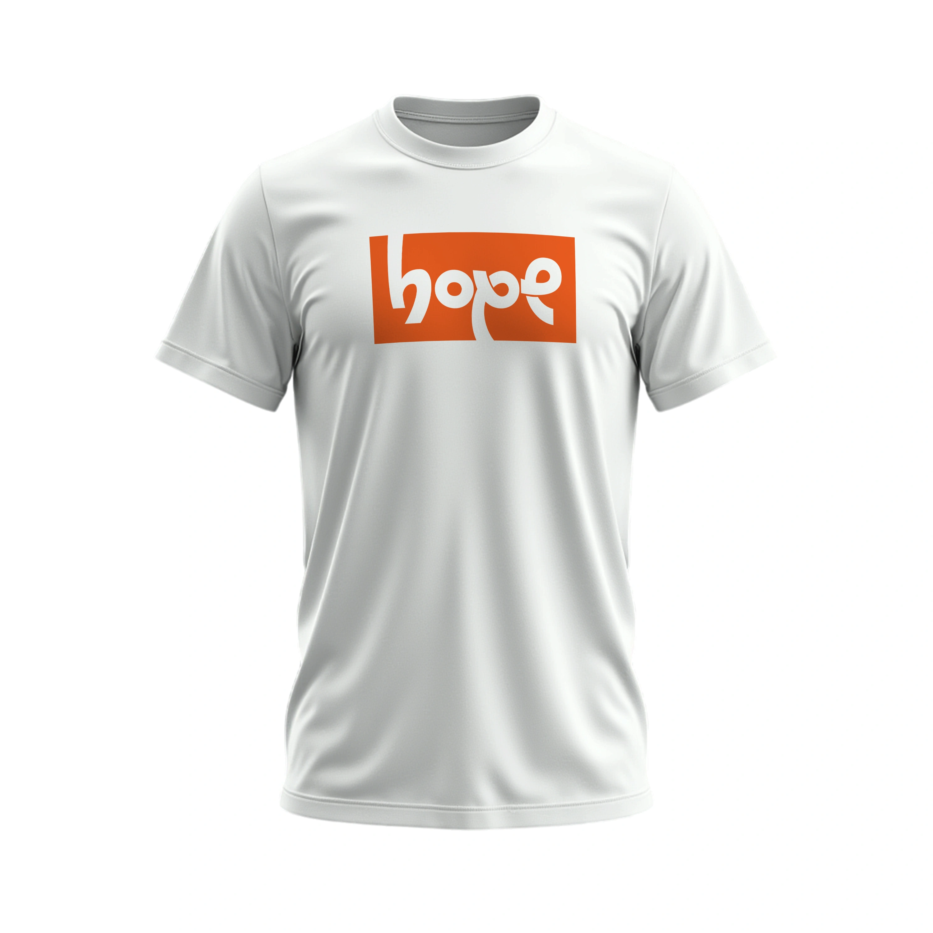 White t-shirt with an orange 'hope' logo on a white background