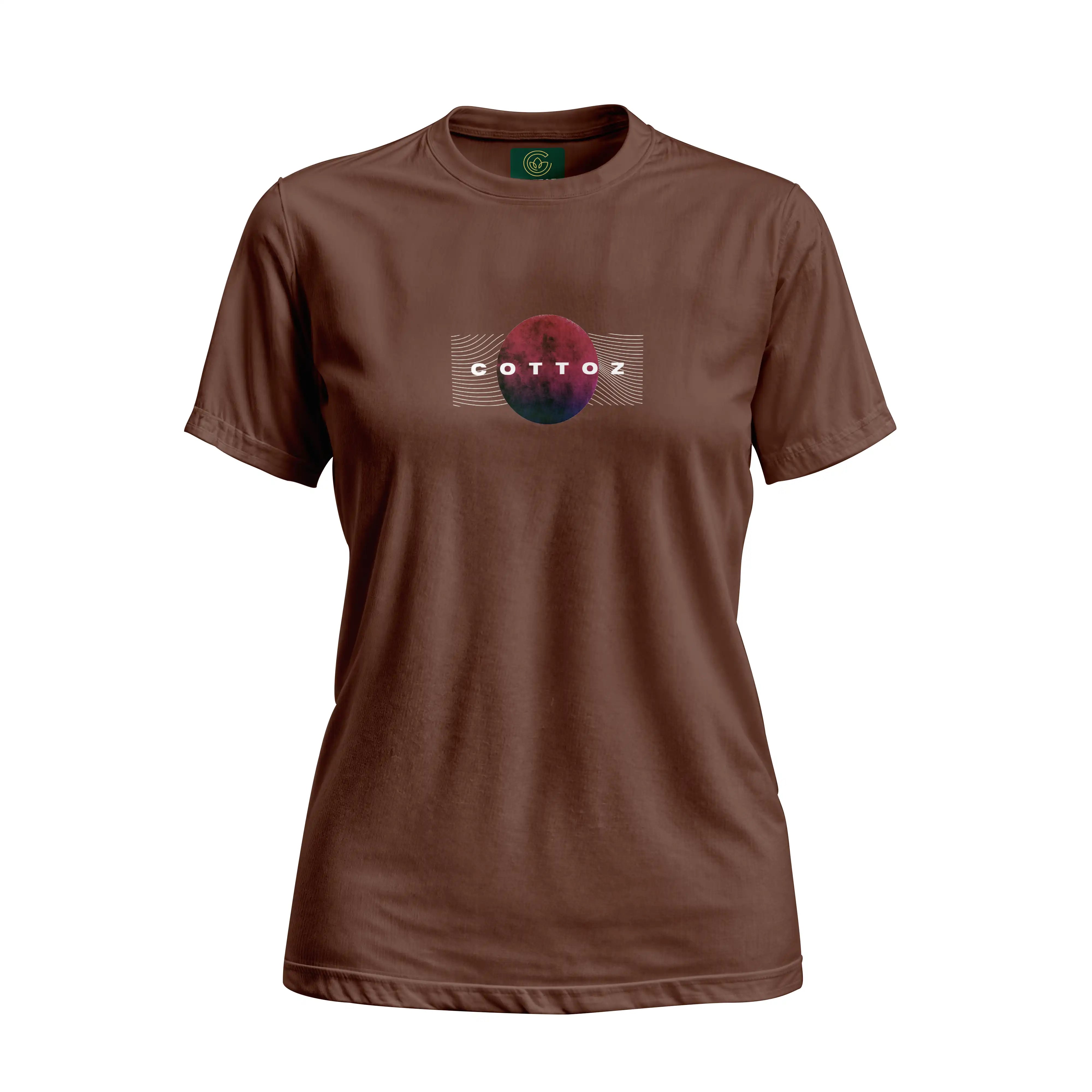 Brown t-shirt with a colorful logo and 'COTTOZ' text on a white background