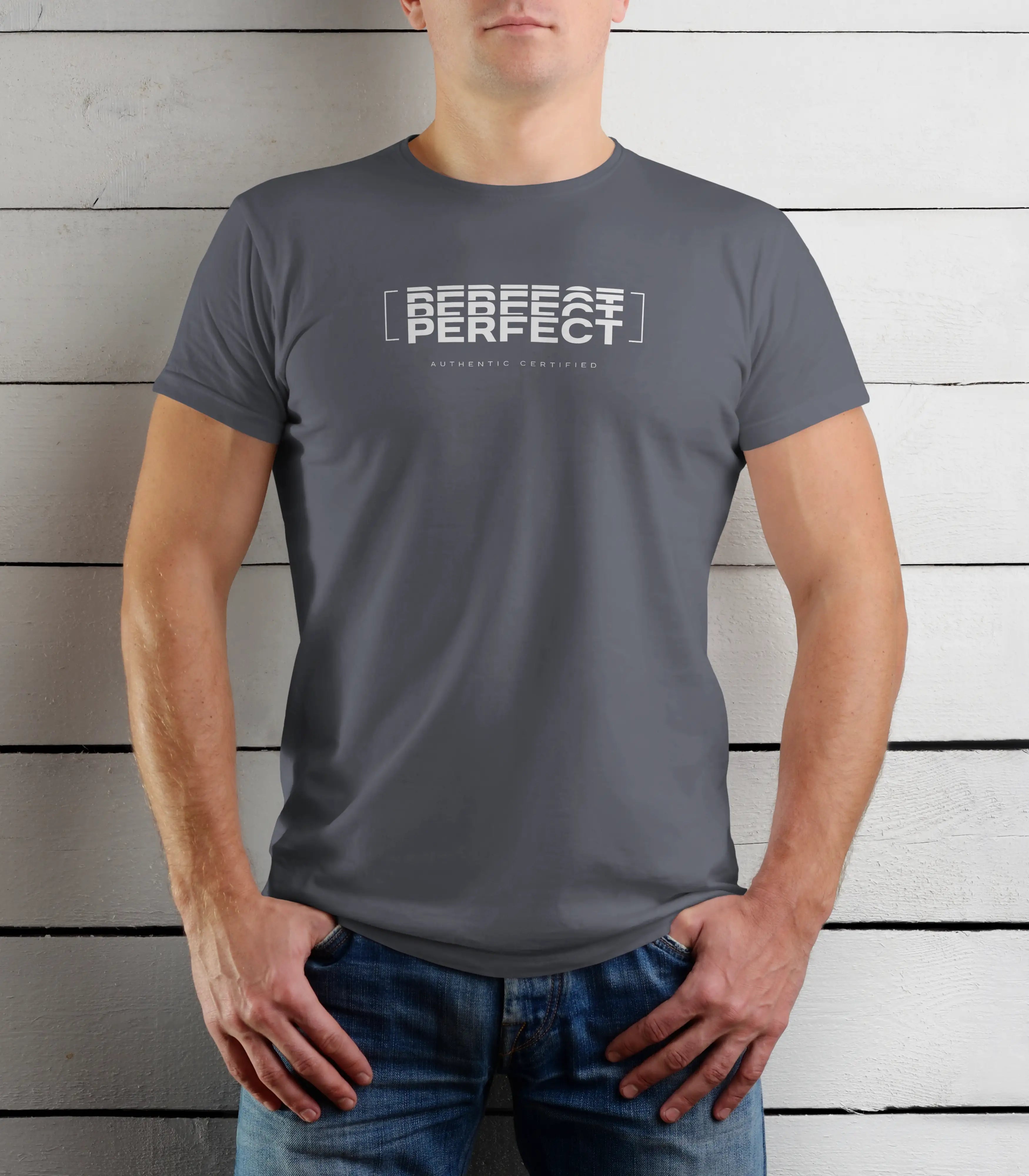 Person wearing a gray t-shirt with 'PERFEAT PERFECT' text against a wooden background