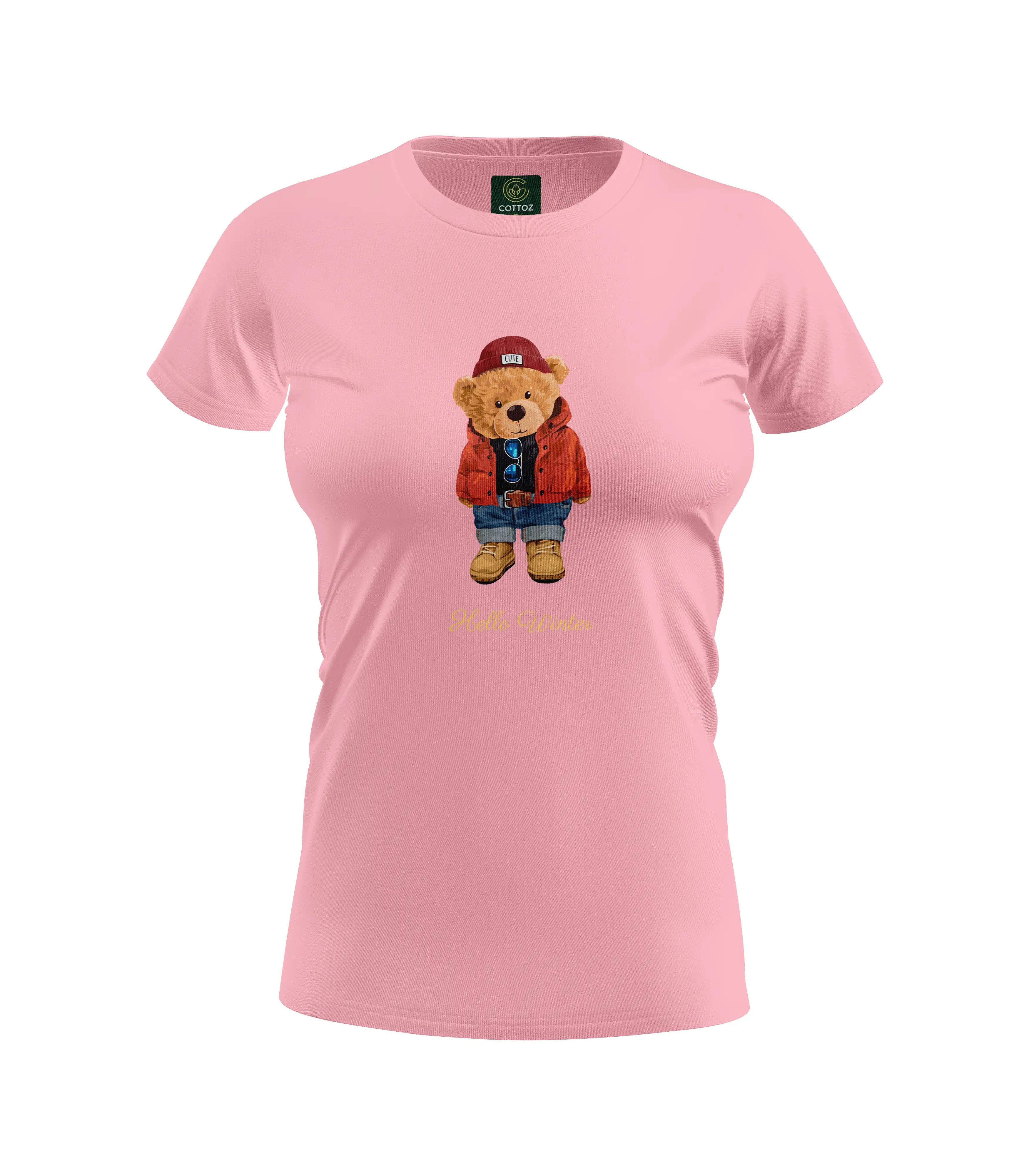 Pink t-shirt with a teddy bear graphic and text on a white background