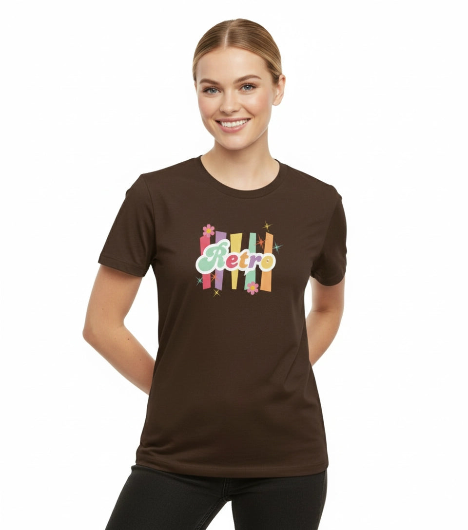 Woman wearing a brown t-shirt with 'Retro' design on a white background